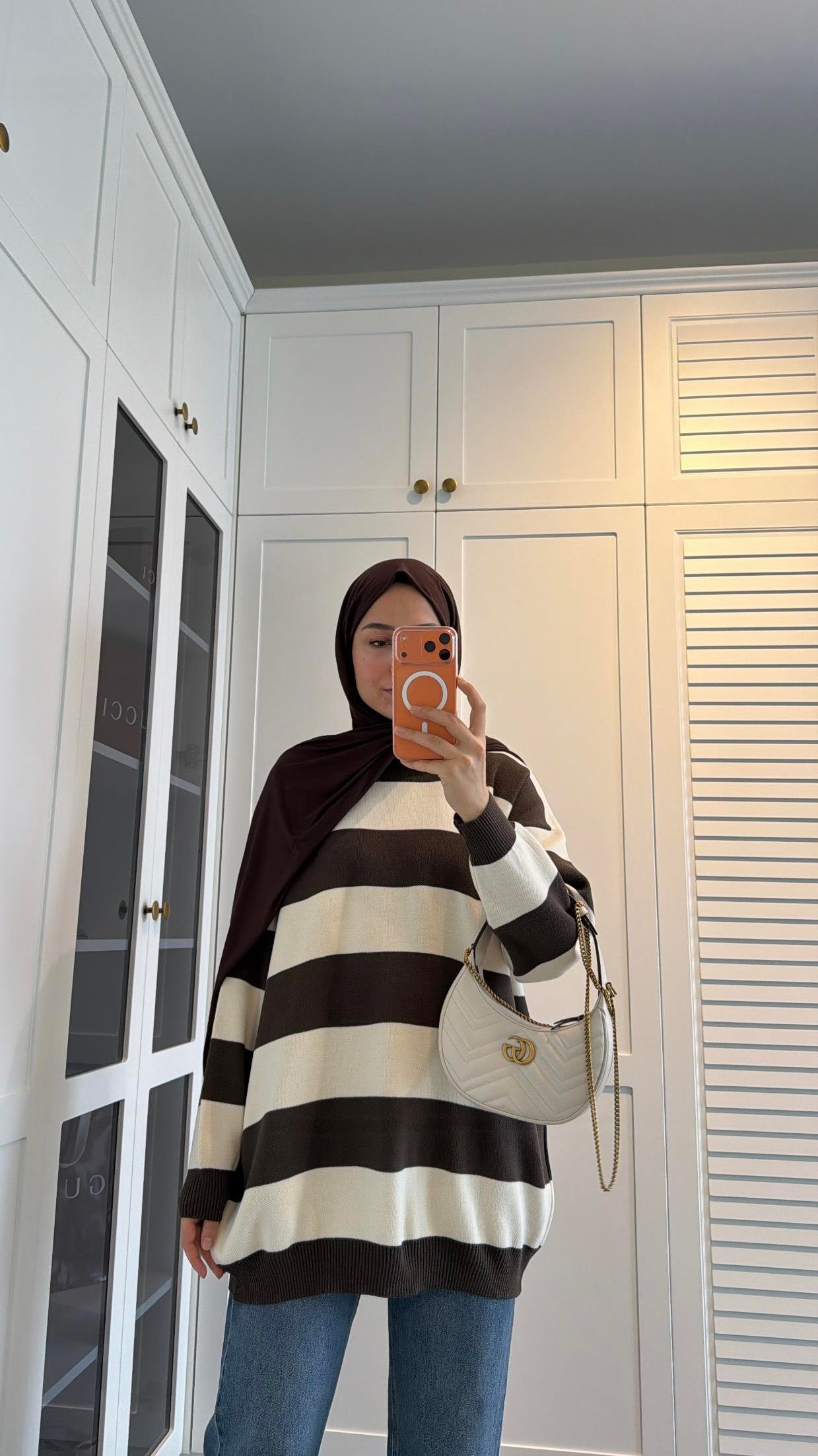 Çizgili Oversize Kazak Kahve