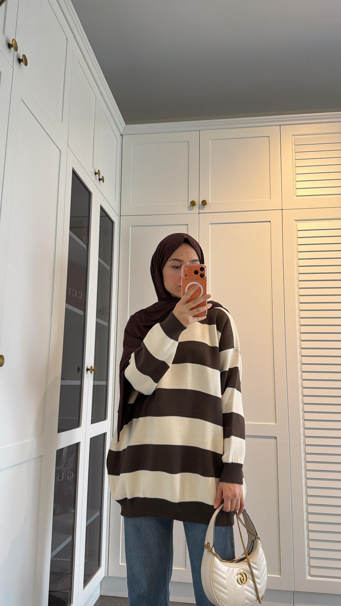 Çizgili Oversize Kazak Kahve