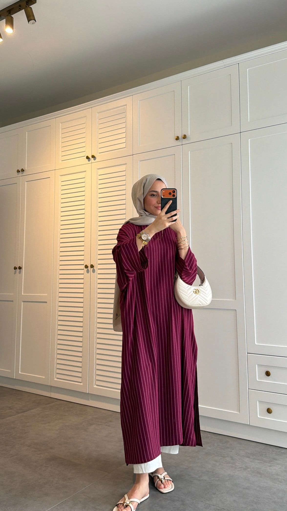 Çizgili  Yırtmaçlı Salaş Tunik Burgonya