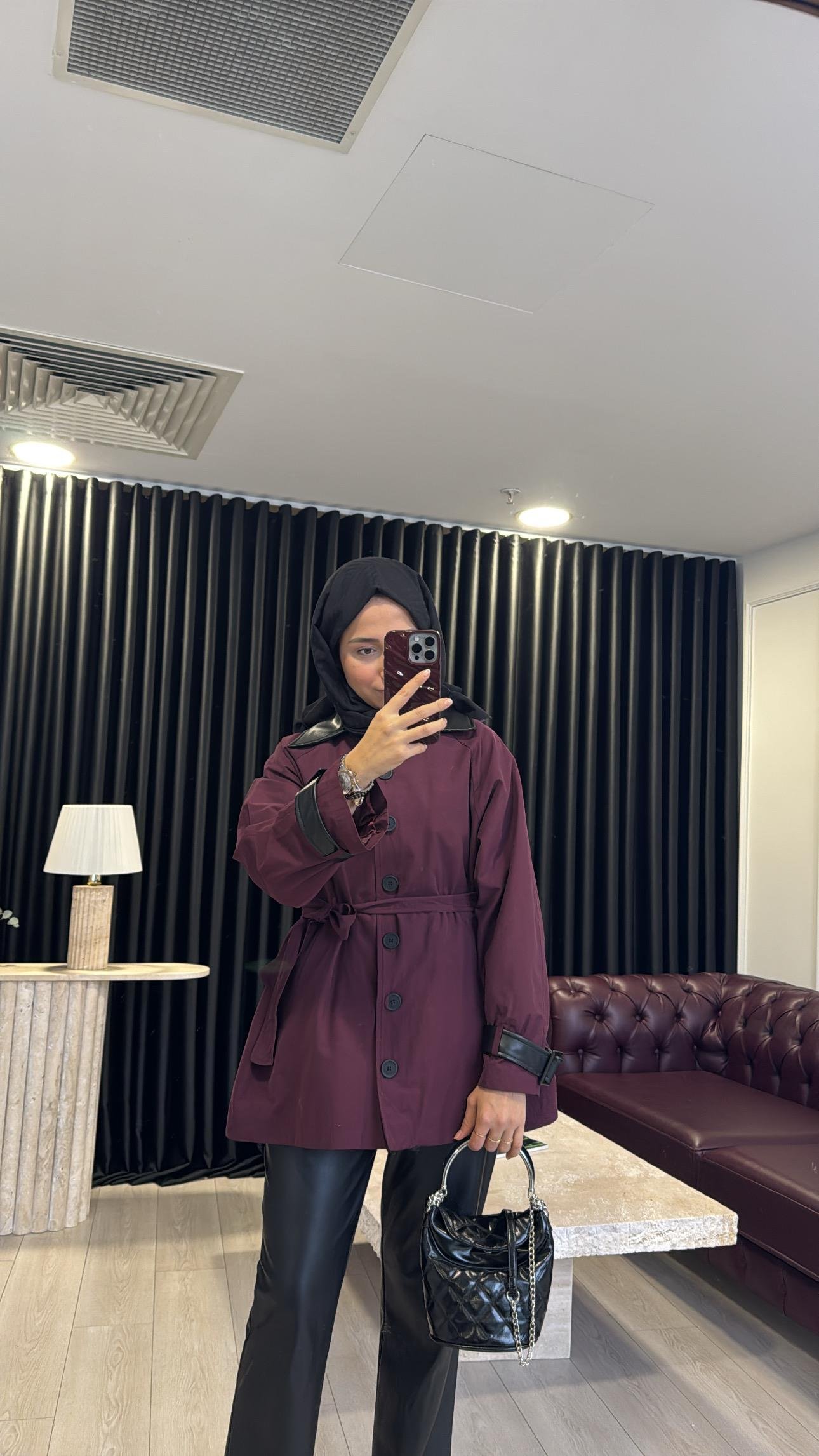 Deri Detaylı Premium Trenç Bordo