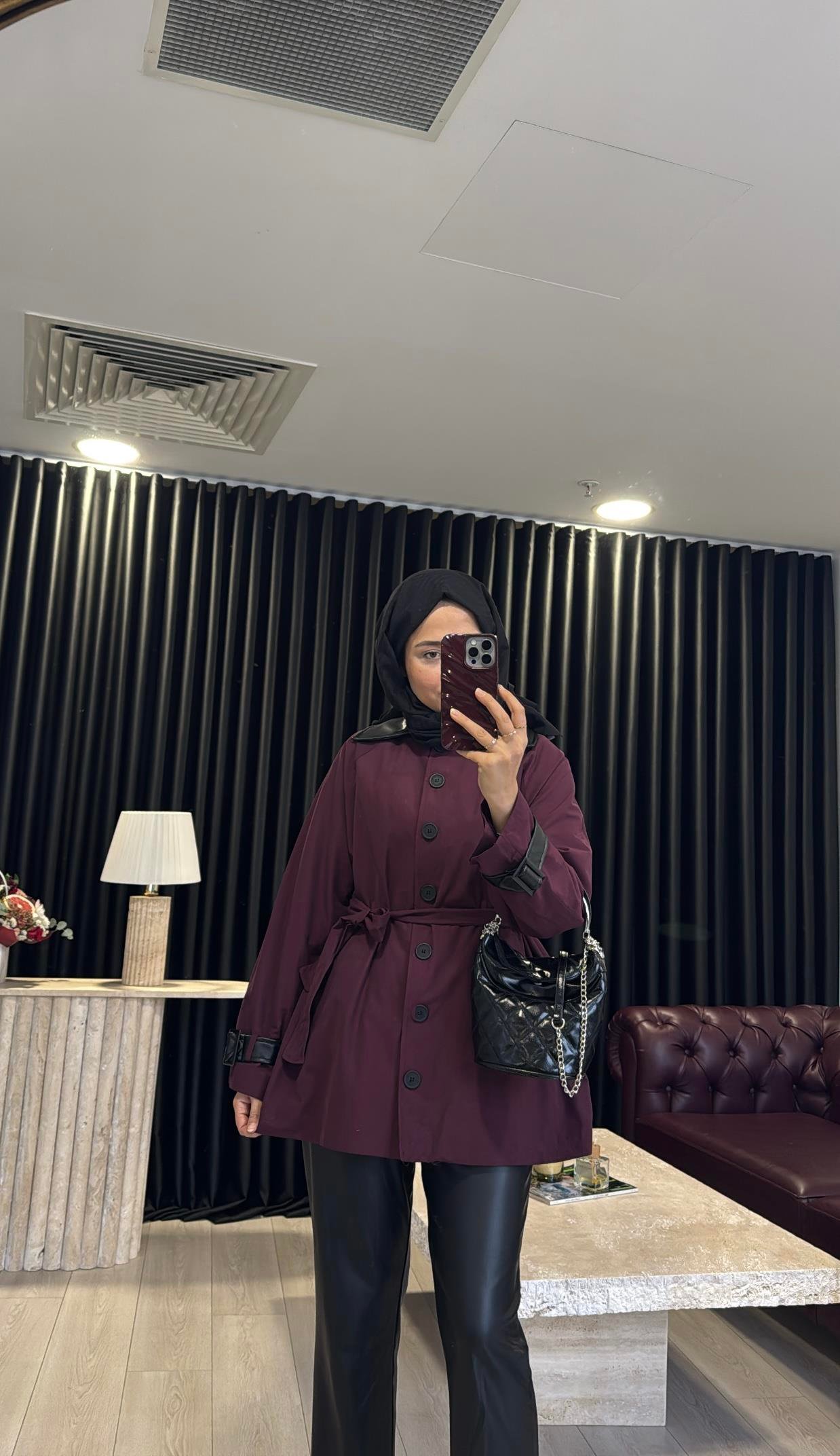 Deri Detaylı Premium Trenç Bordo