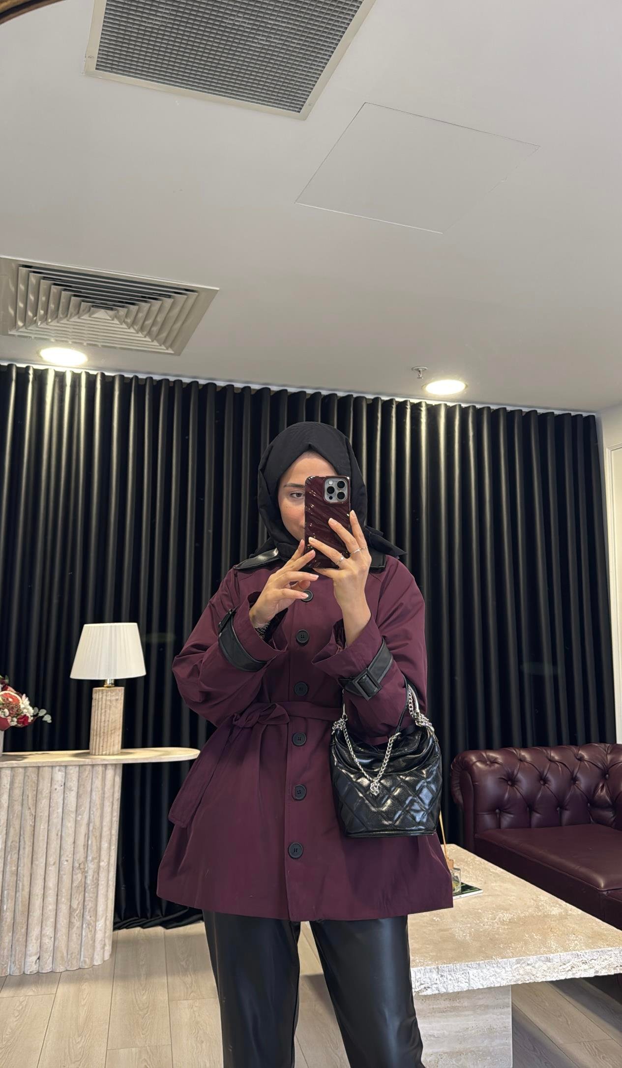 Deri Detaylı Premium Trenç Bordo