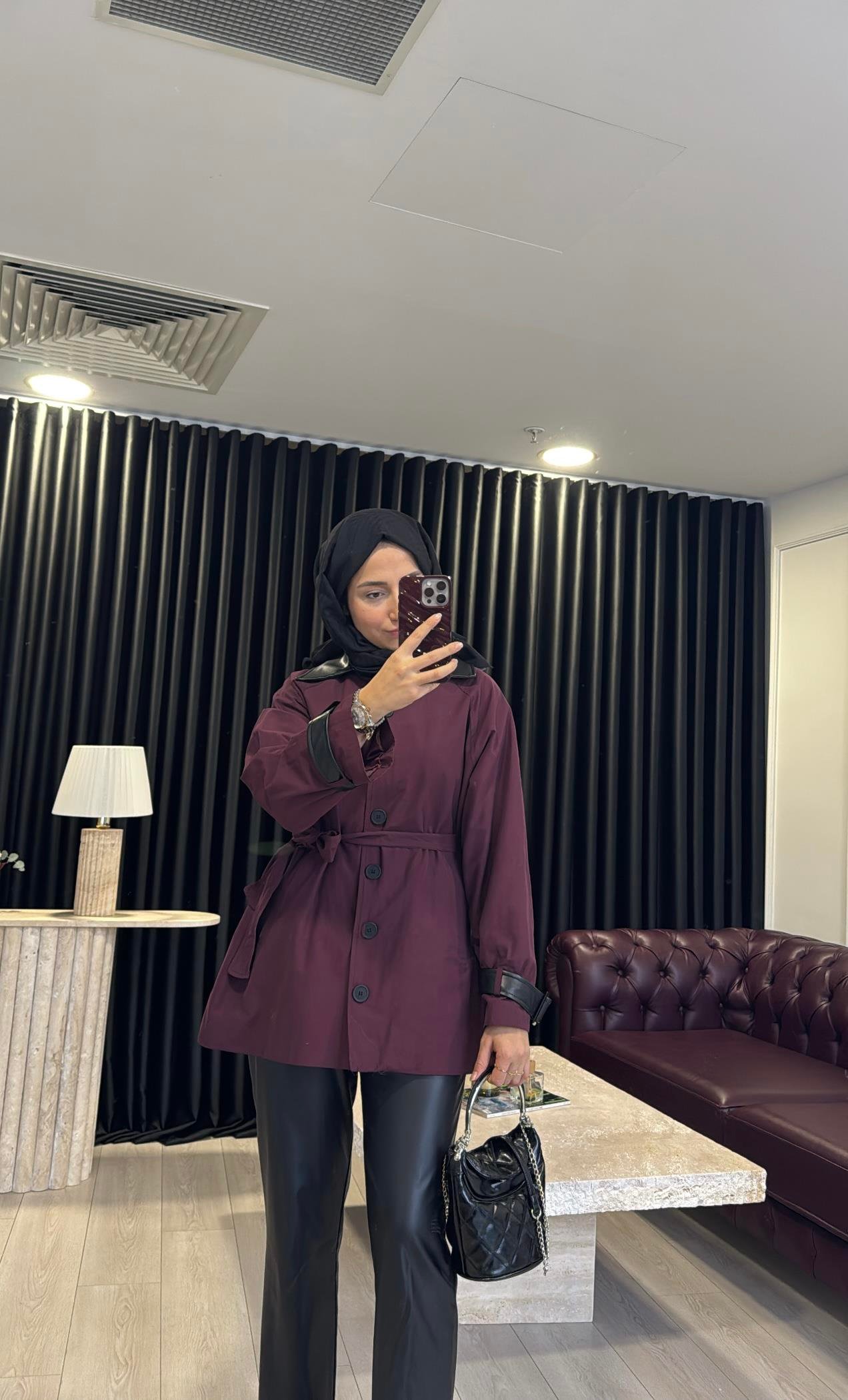 Deri Detaylı Premium Trenç Bordo