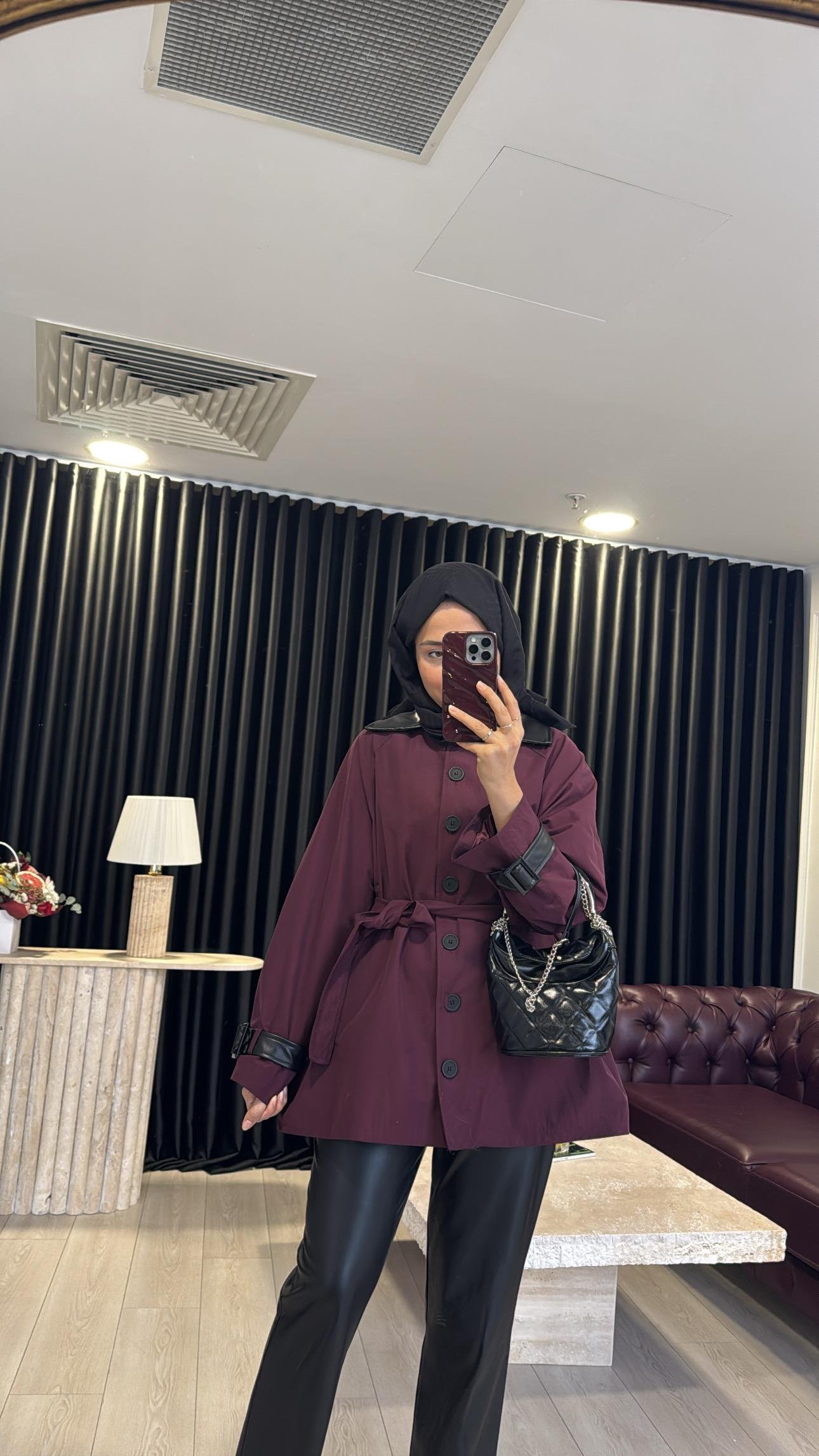 Deri Detaylı Premium Trenç Bordo