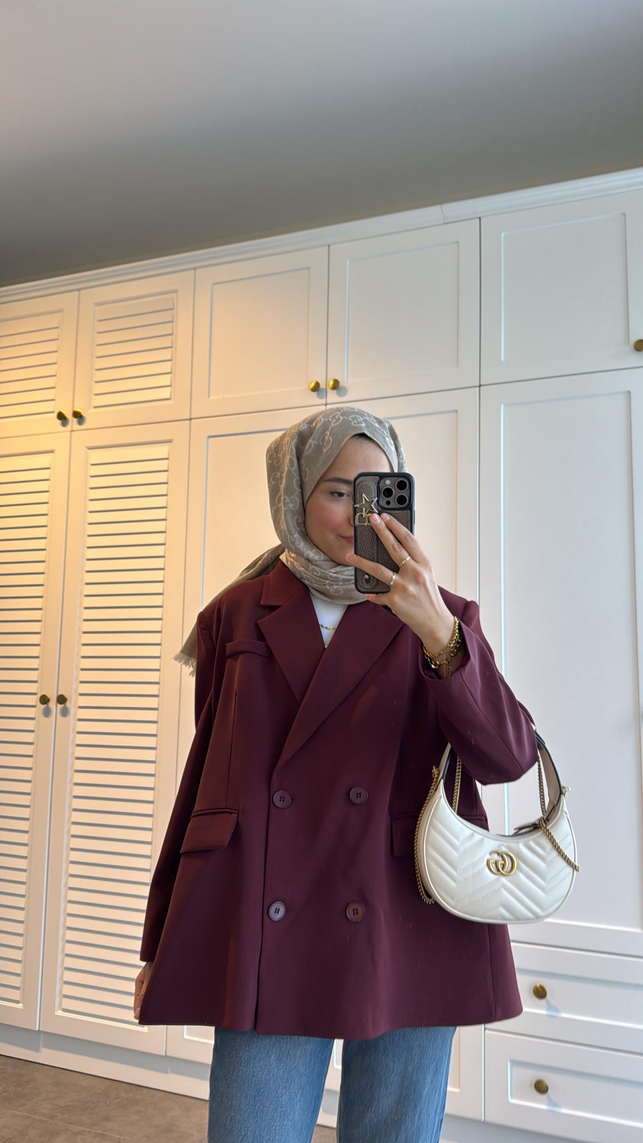 Dört Düğmeli Oversize Ceket Bordo