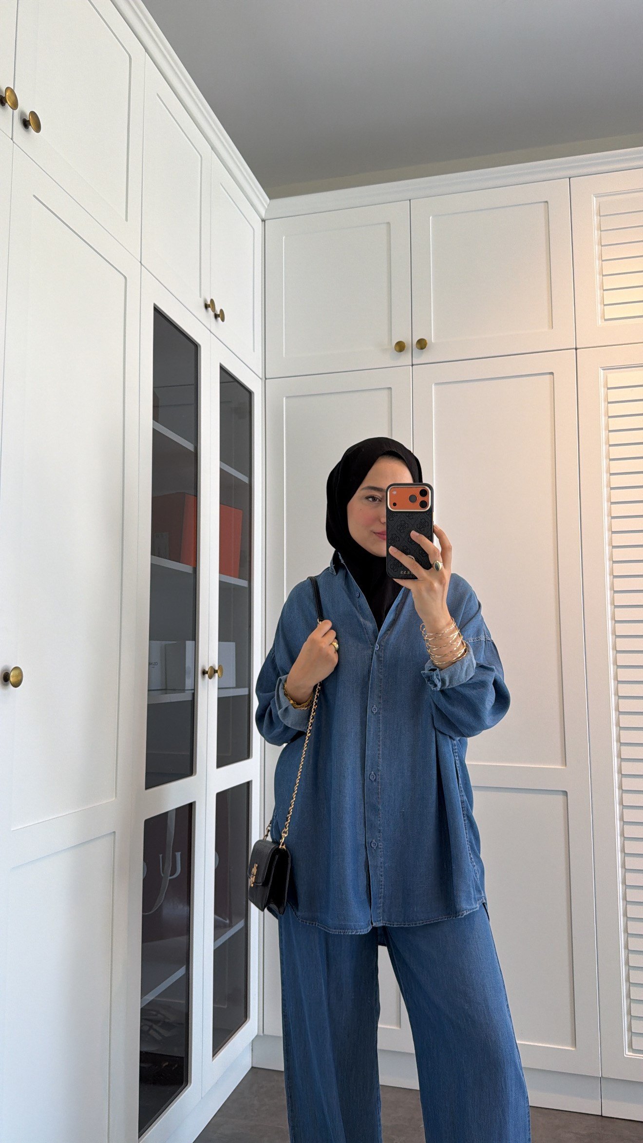Düğme Detay Denim Tensel Takım Koyu Mavi