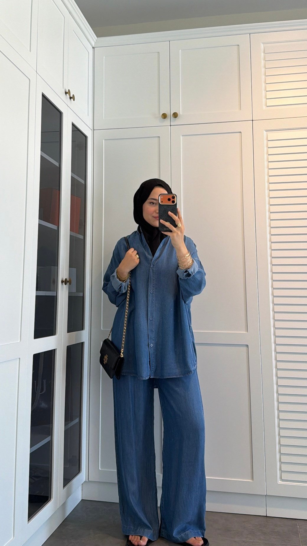Düğme Detay Denim Tensel Takım Koyu Mavi