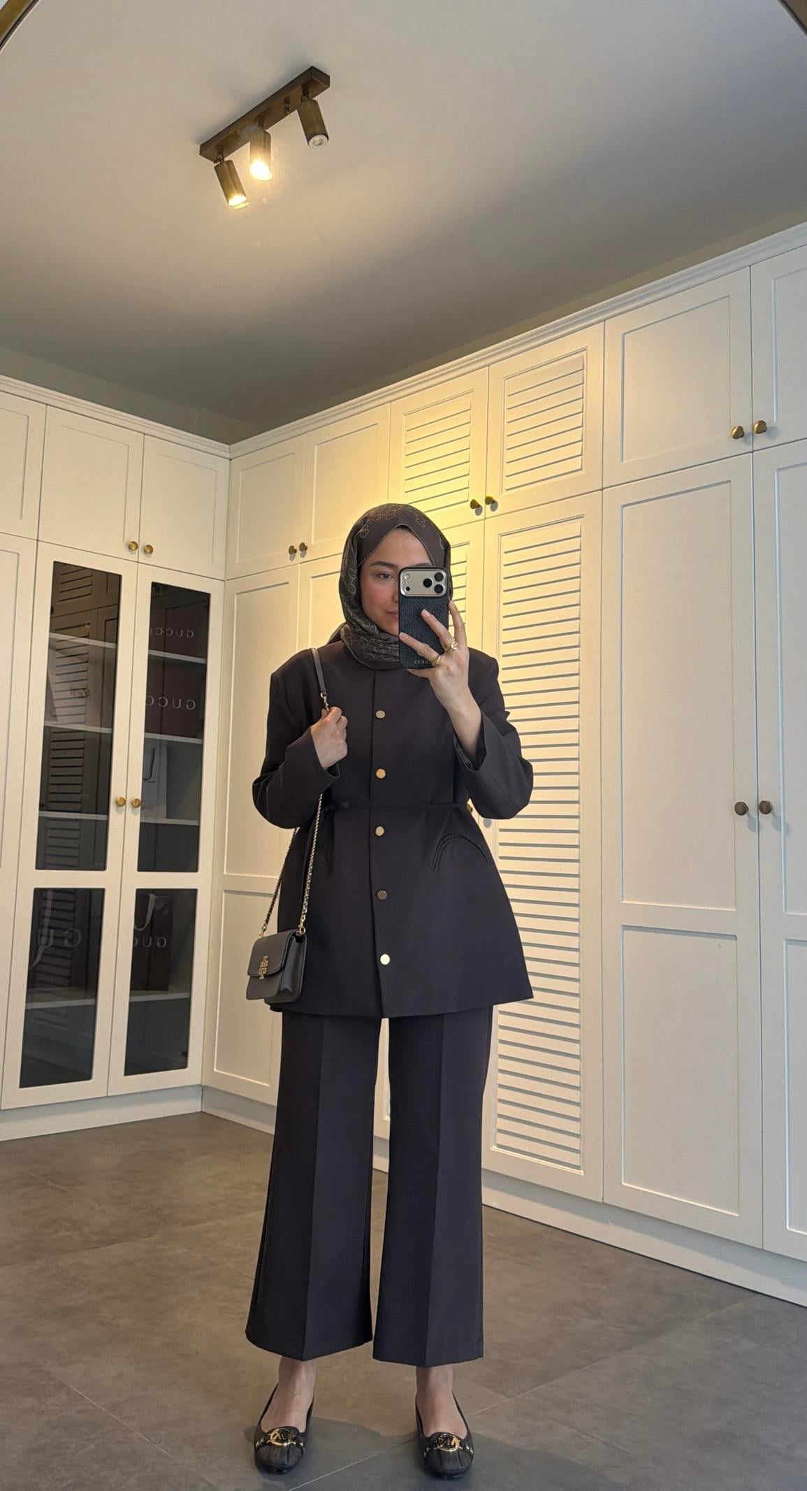 Düğme Detaylı Pantolon Takım Kahve