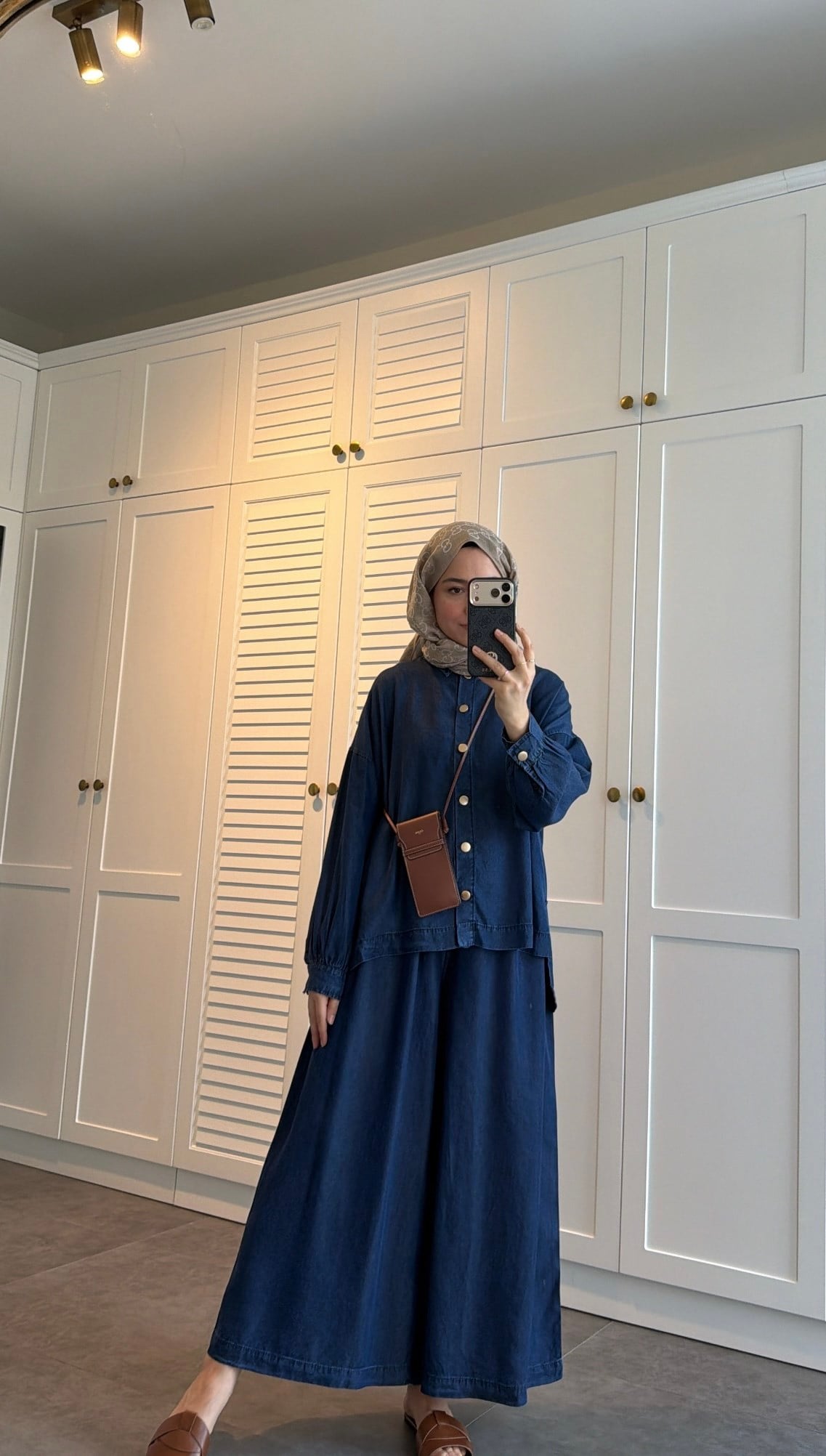 Düğmeli Denim Bol Takım Lacivert