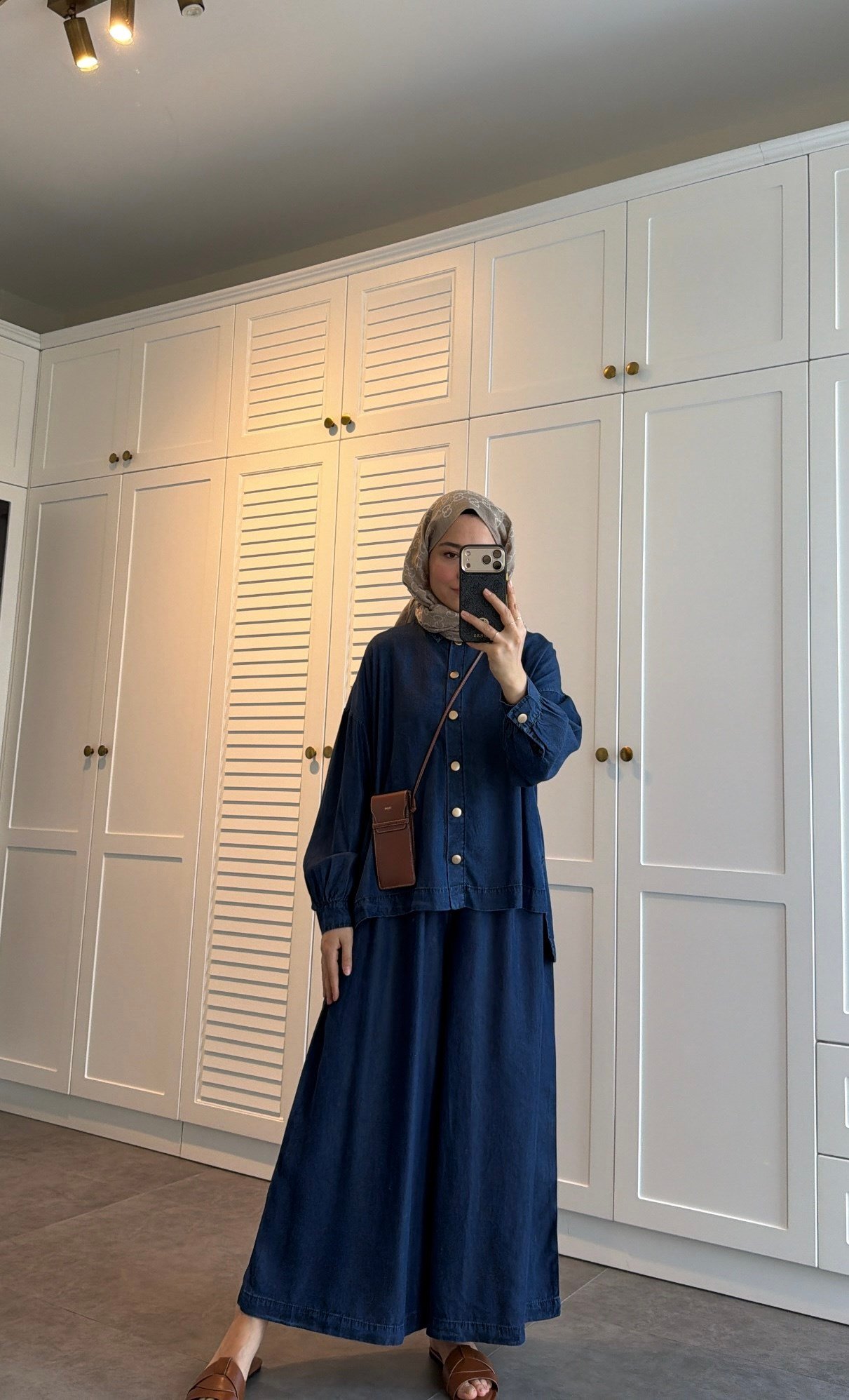 Düğmeli Denim Bol Takım Lacivert