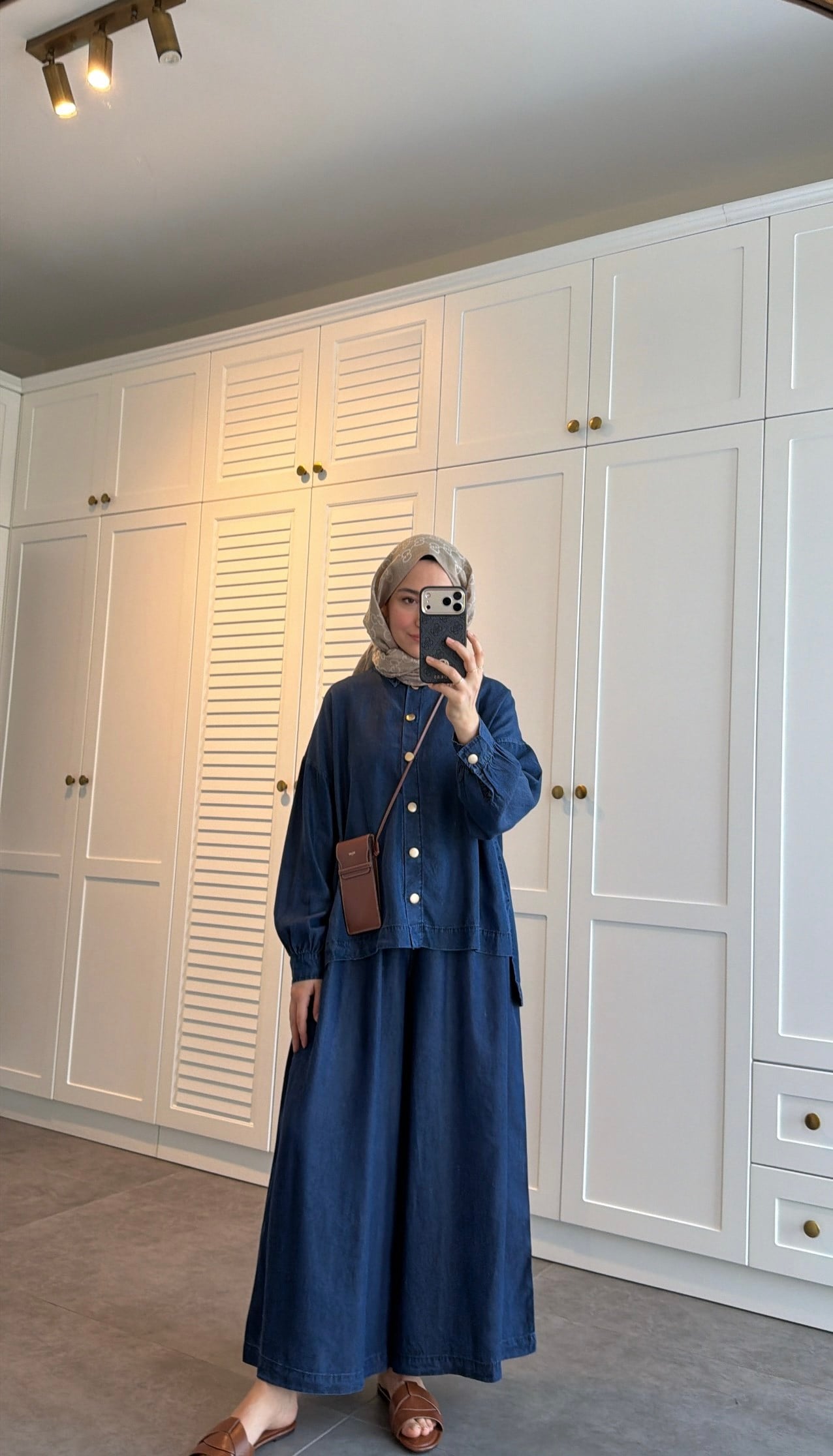 Düğmeli Denim Bol Takım Lacivert