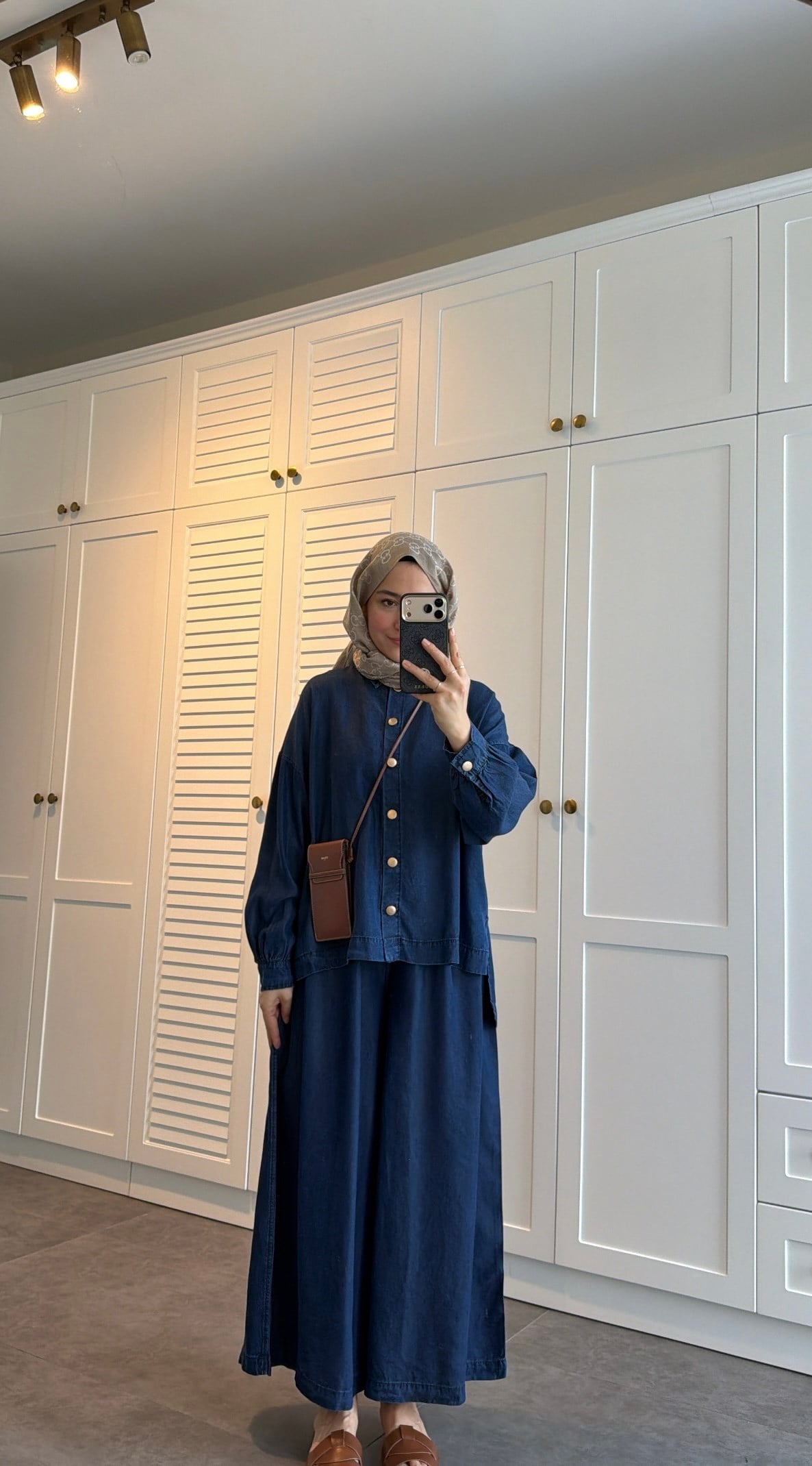 Düğmeli Denim Bol Takım Lacivert
