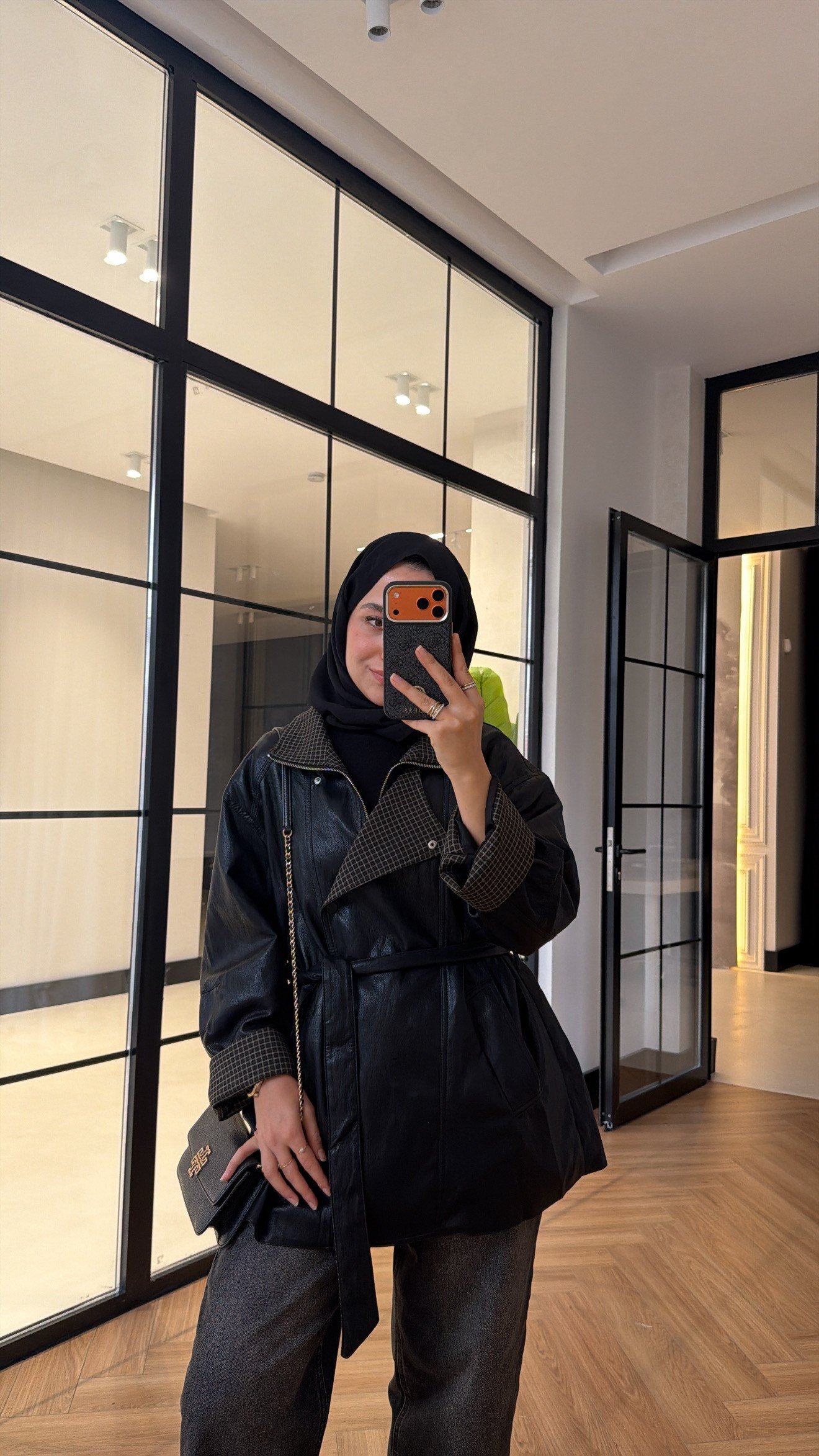 Ekose Garnili Deri Bomber Ceket Siyah