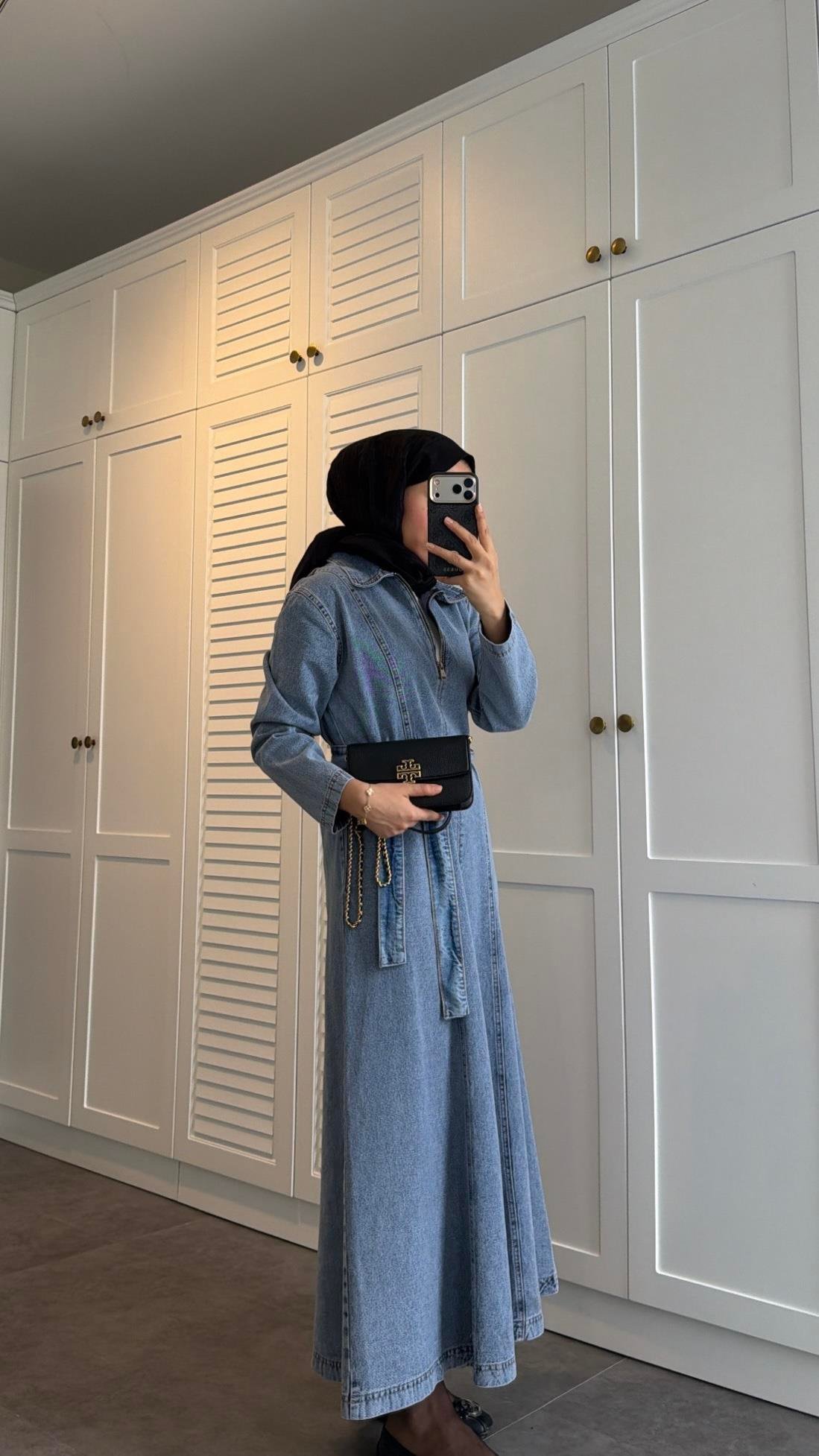 Fermuarlı Denim Elbise Açık Mavi