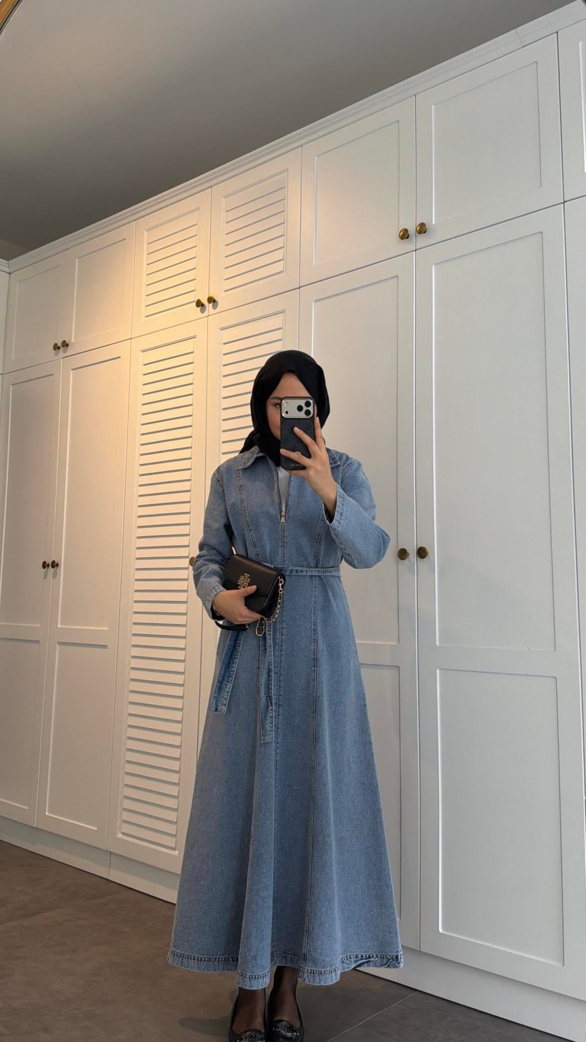 Fermuarlı Denim Elbise Açık Mavi