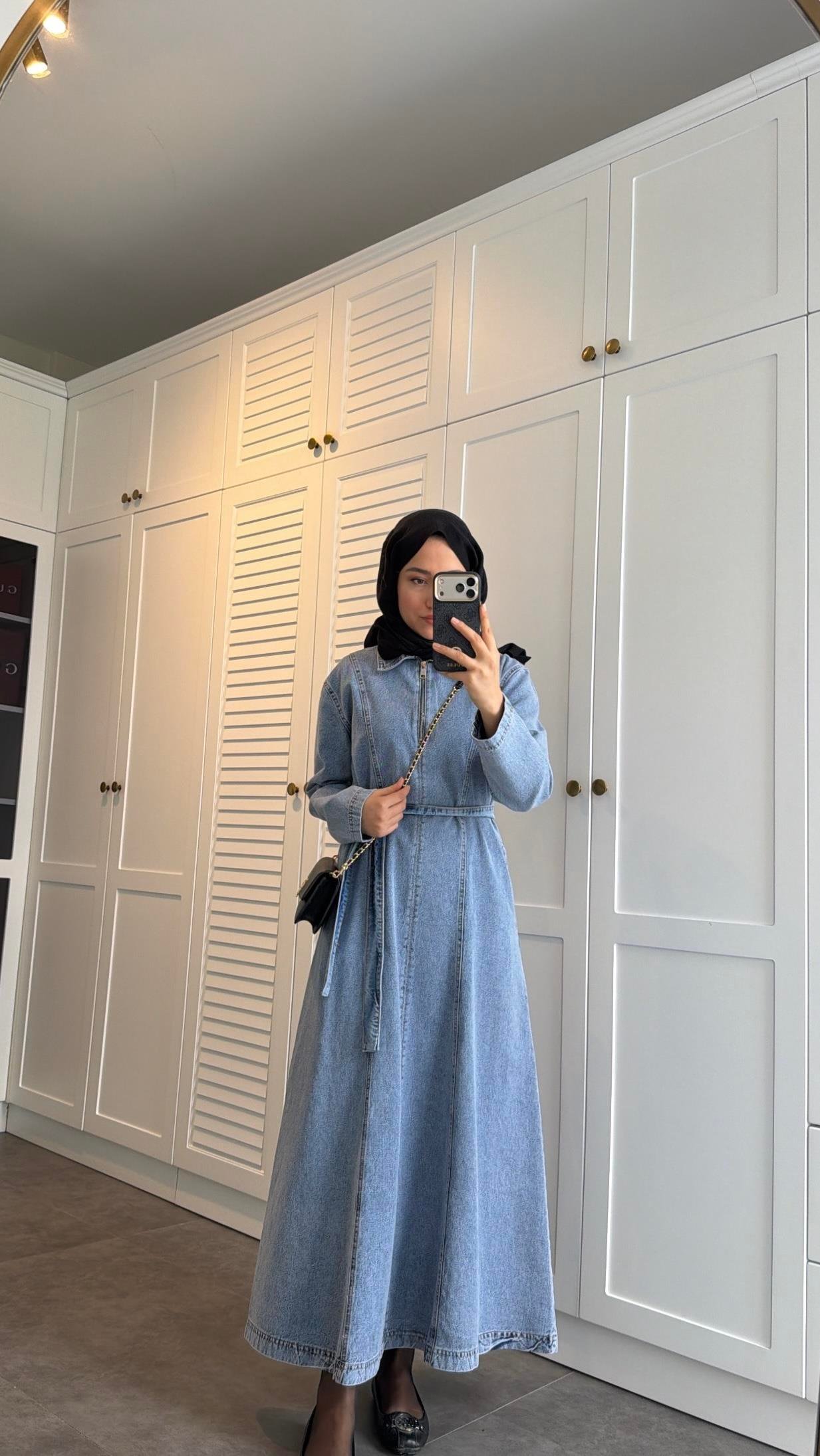 Fermuarlı Denim Elbise Açık Mavi