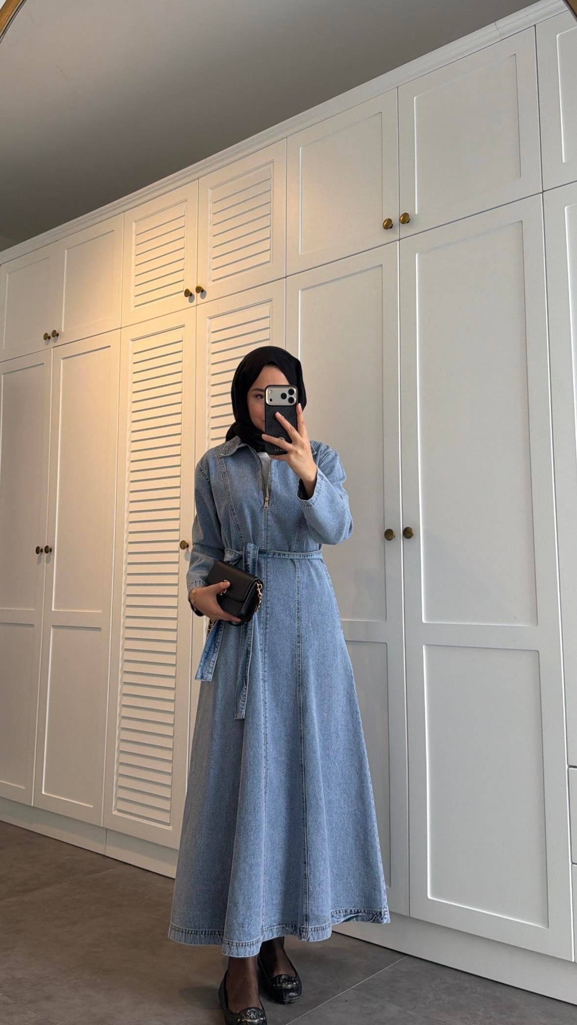 Fermuarlı Denim Elbise Açık Mavi
