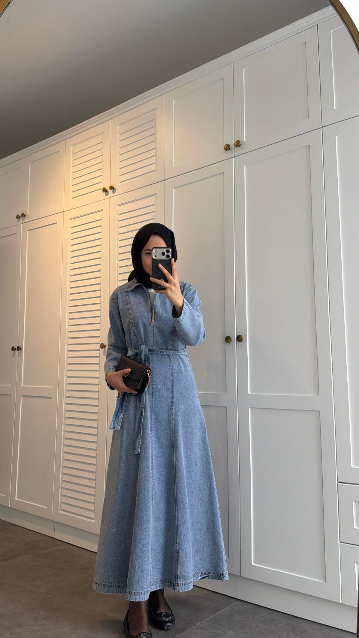 Fermuarlı Denim Elbise Açık Mavi
