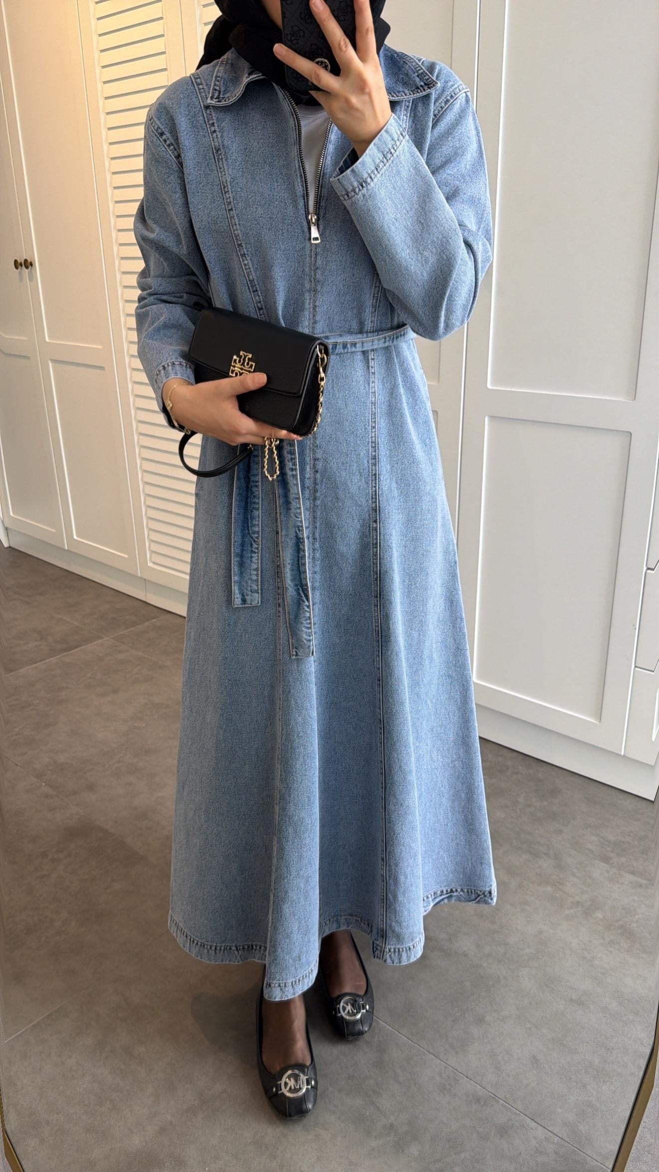 Fermuarlı Denim Elbise Açık Mavi