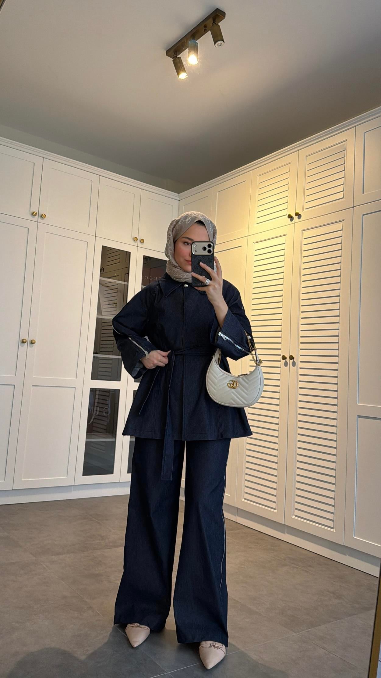Fermuarlı Denim Takım Lacivert