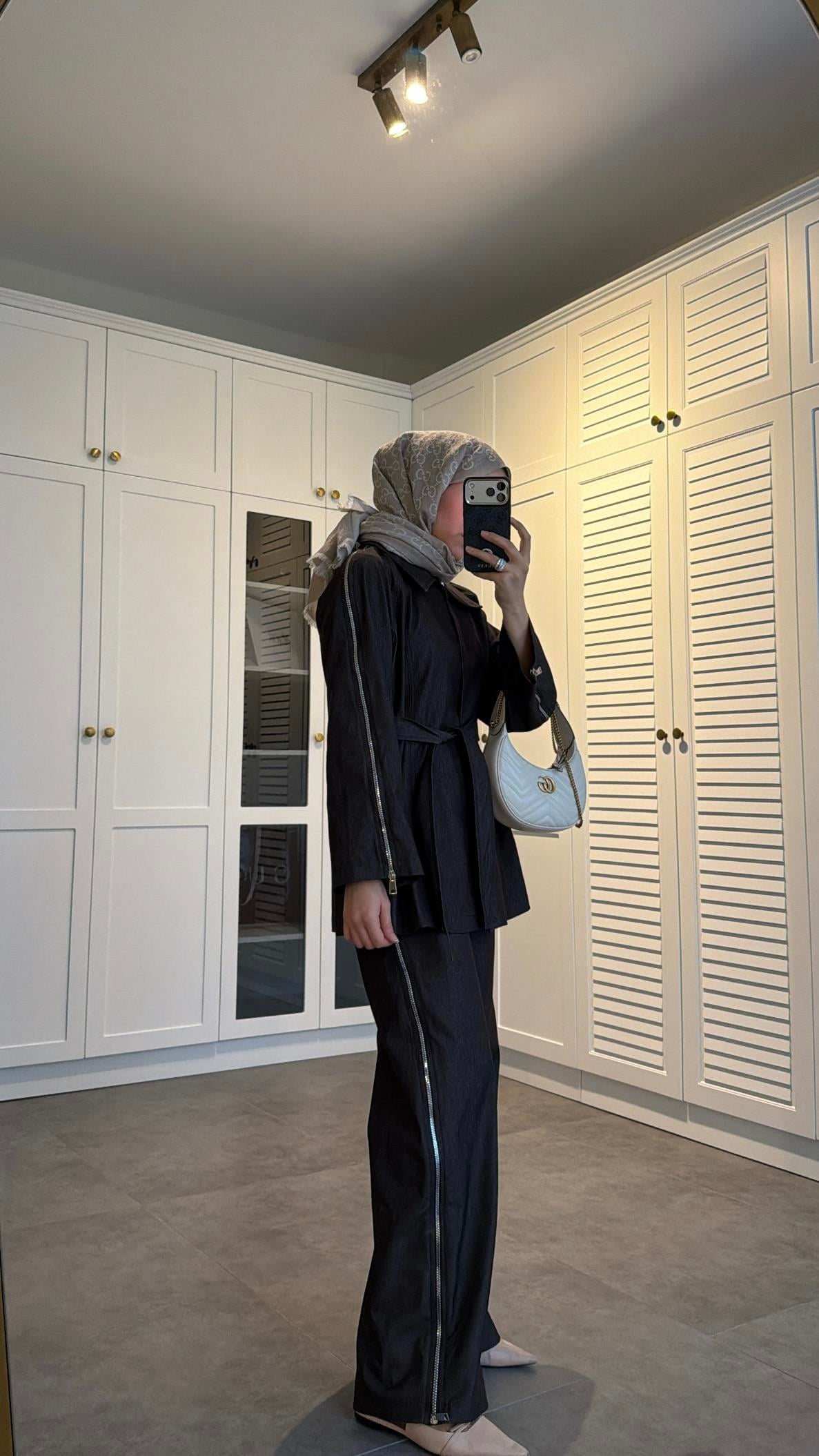 Fermuarlı Denim Takım Mürdüm