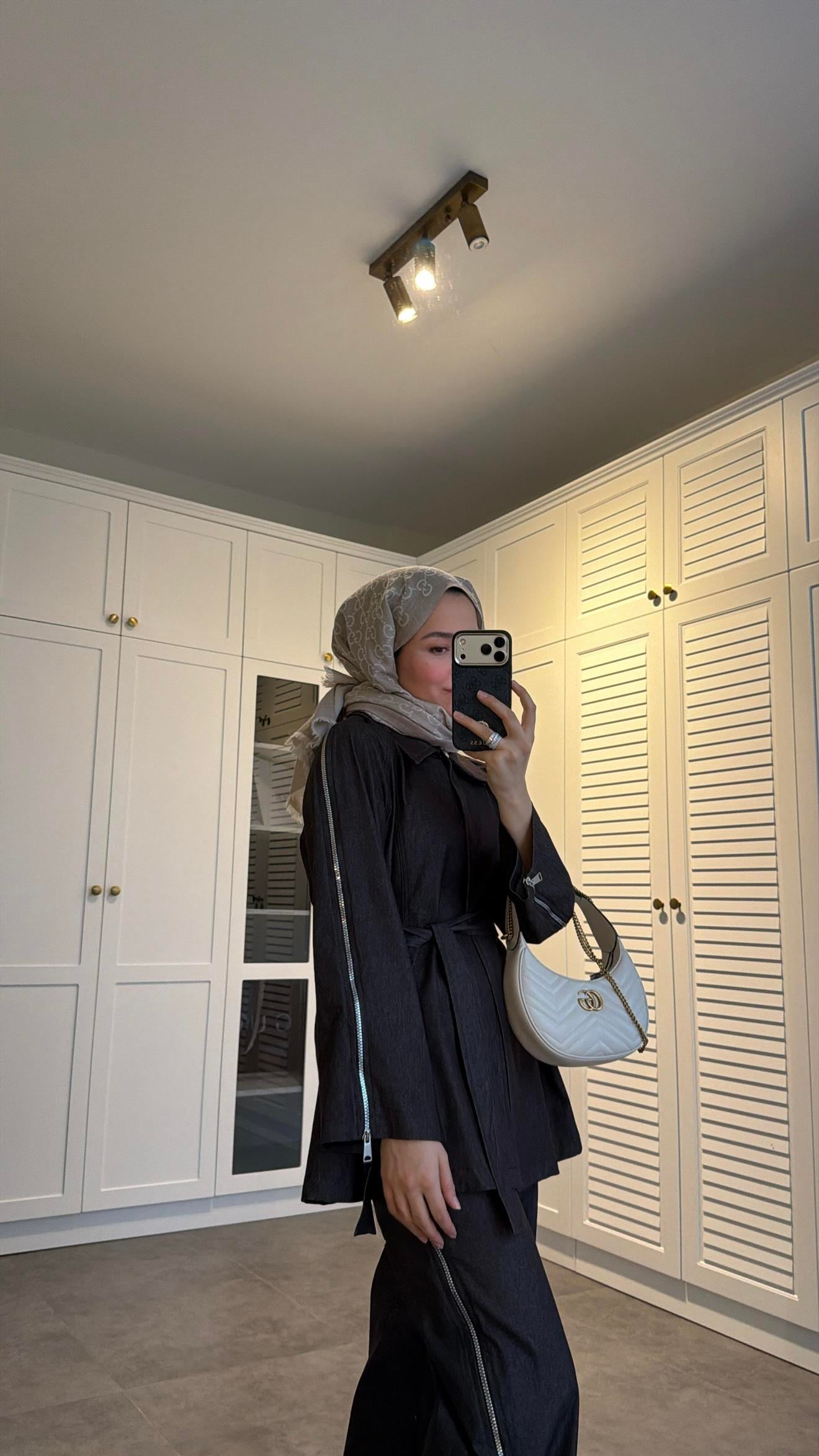 Fermuarlı Denim Takım Mürdüm