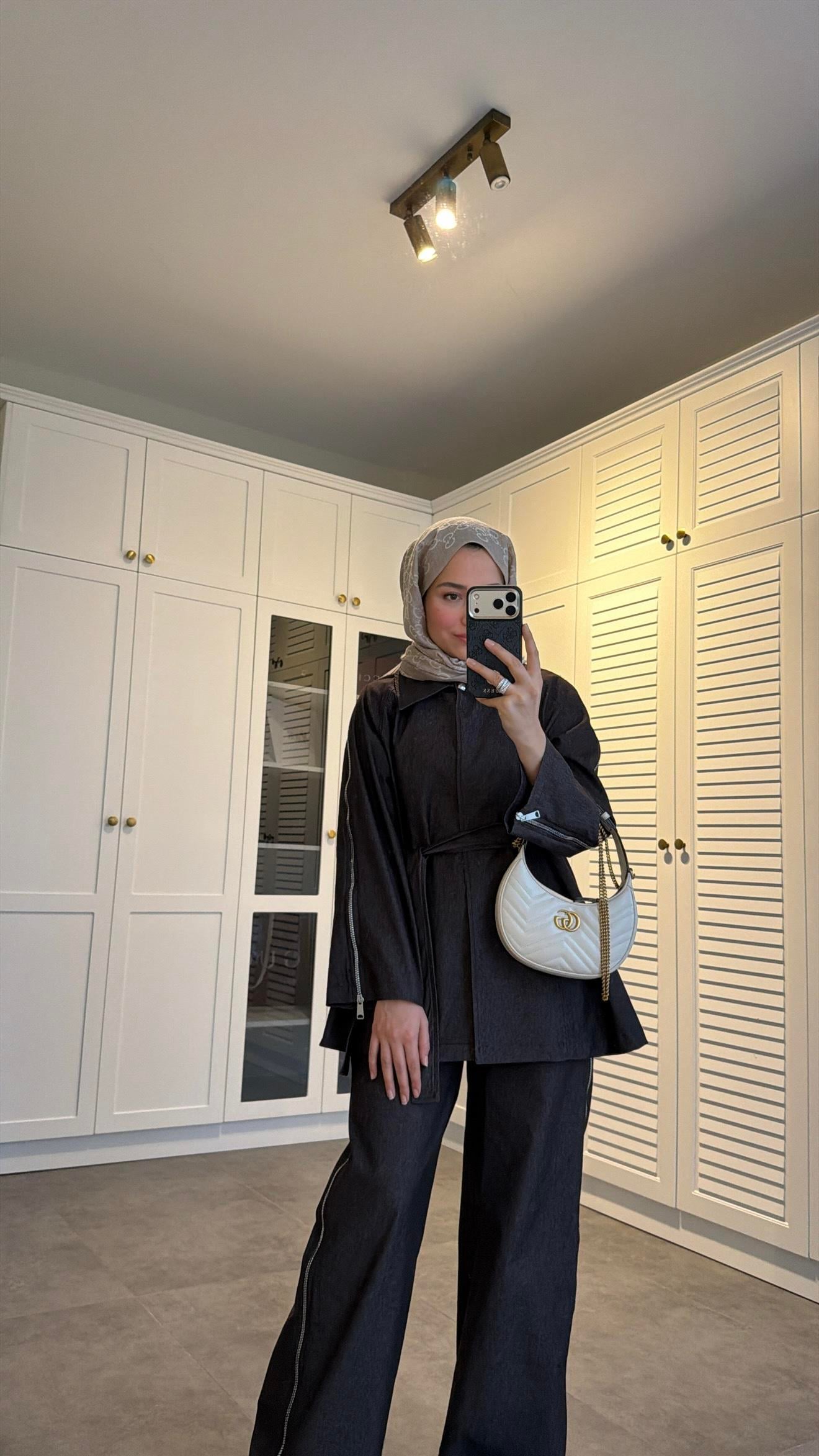 Fermuarlı Denim Takım Mürdüm