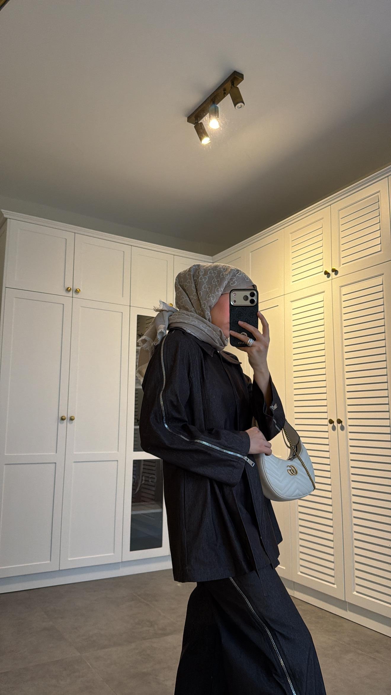 Fermuarlı Denim Takım Mürdüm