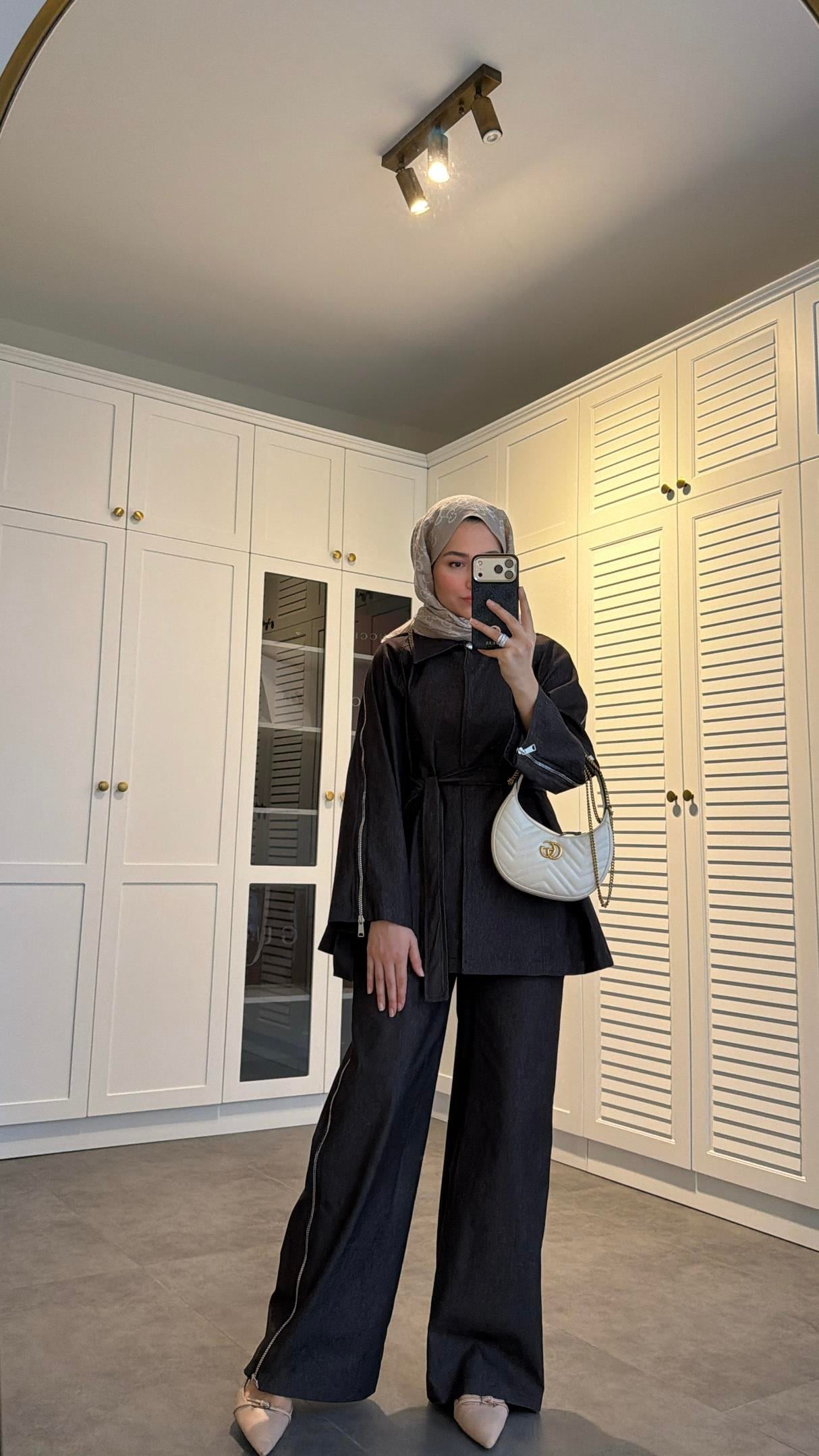 Fermuarlı Denim Takım Mürdüm