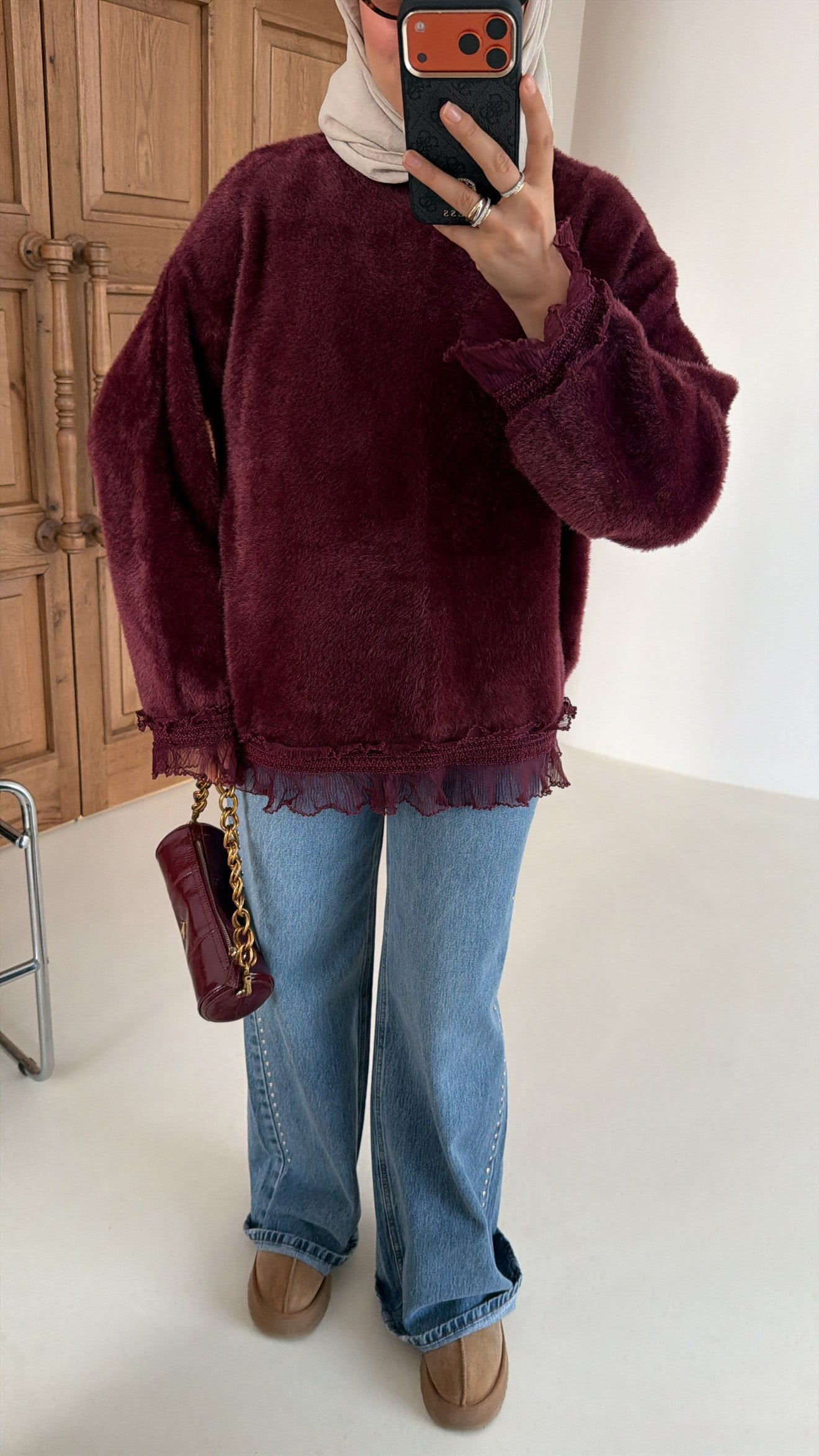 Fırfır Detaylı Angora Premium Kazak Bordo