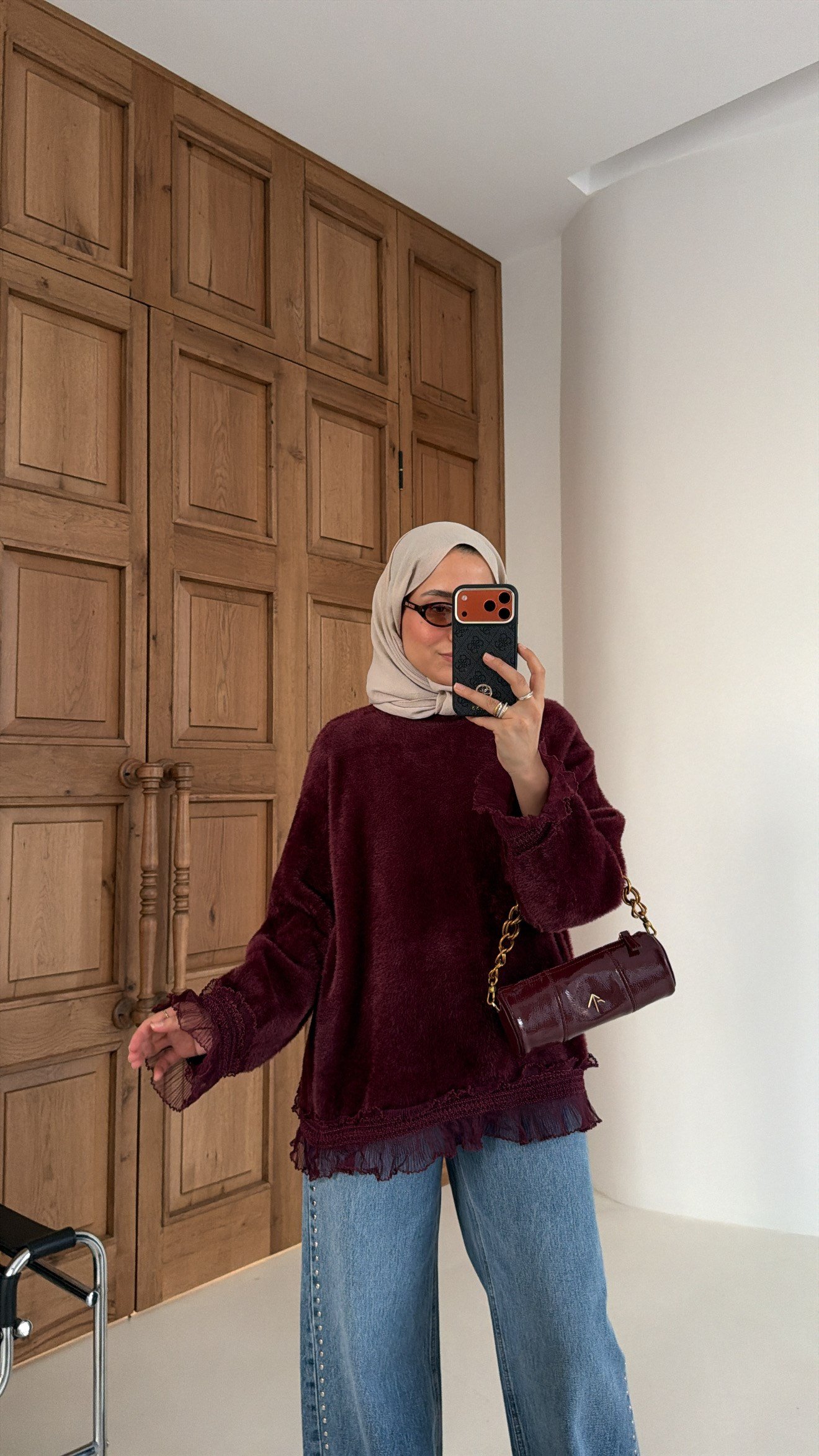 Fırfır Detaylı Angora Premium Kazak Bordo
