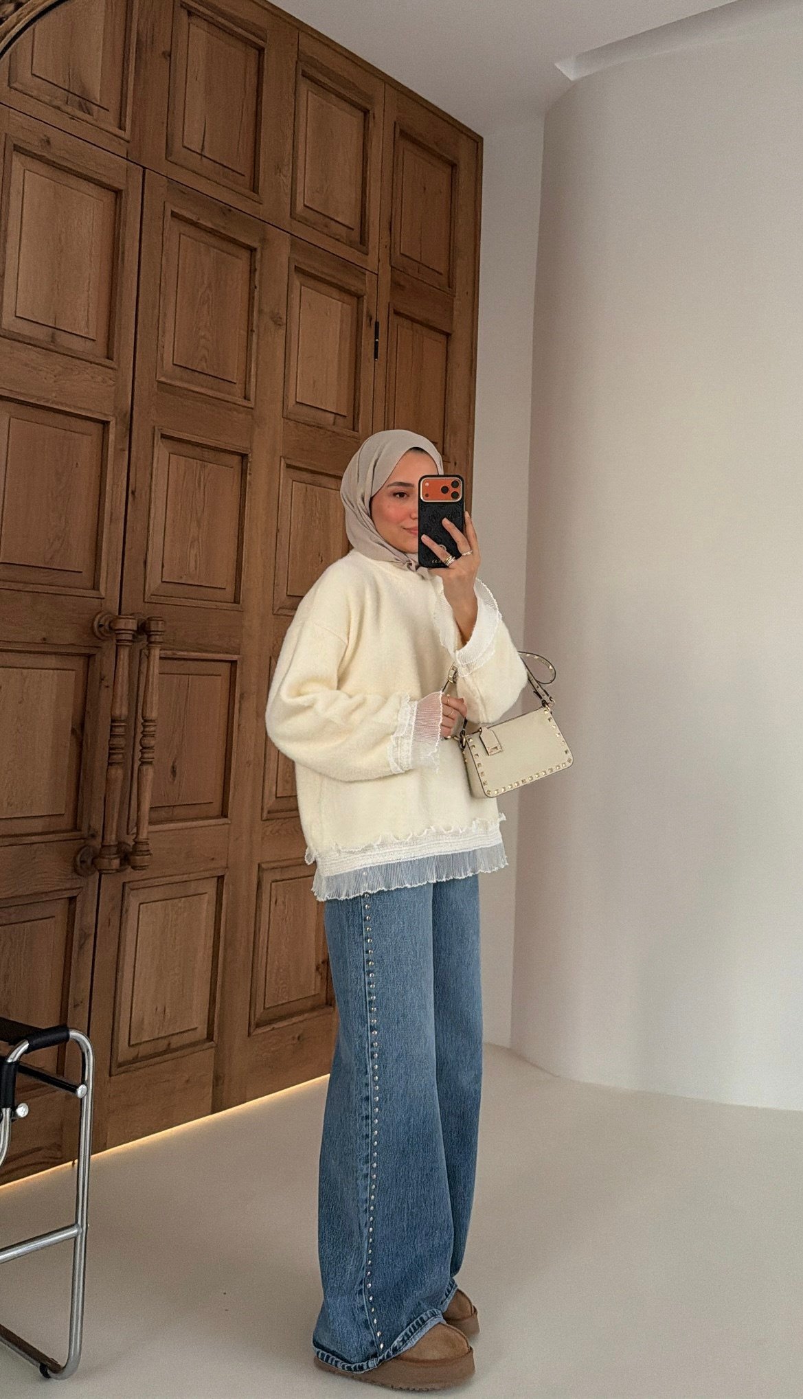 Fırfır Detaylı Angora Premium Kazak Kahve Ekru