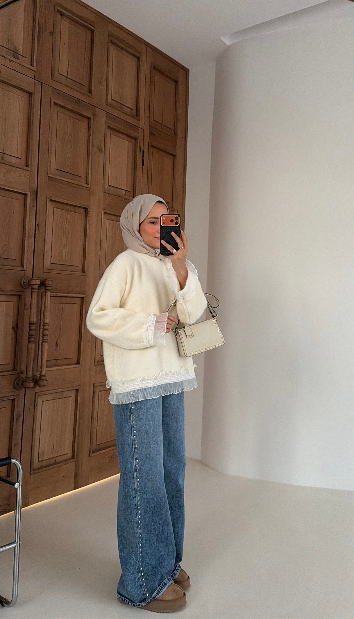 Fırfır Detaylı Angora Premium Kazak Kahve Ekru