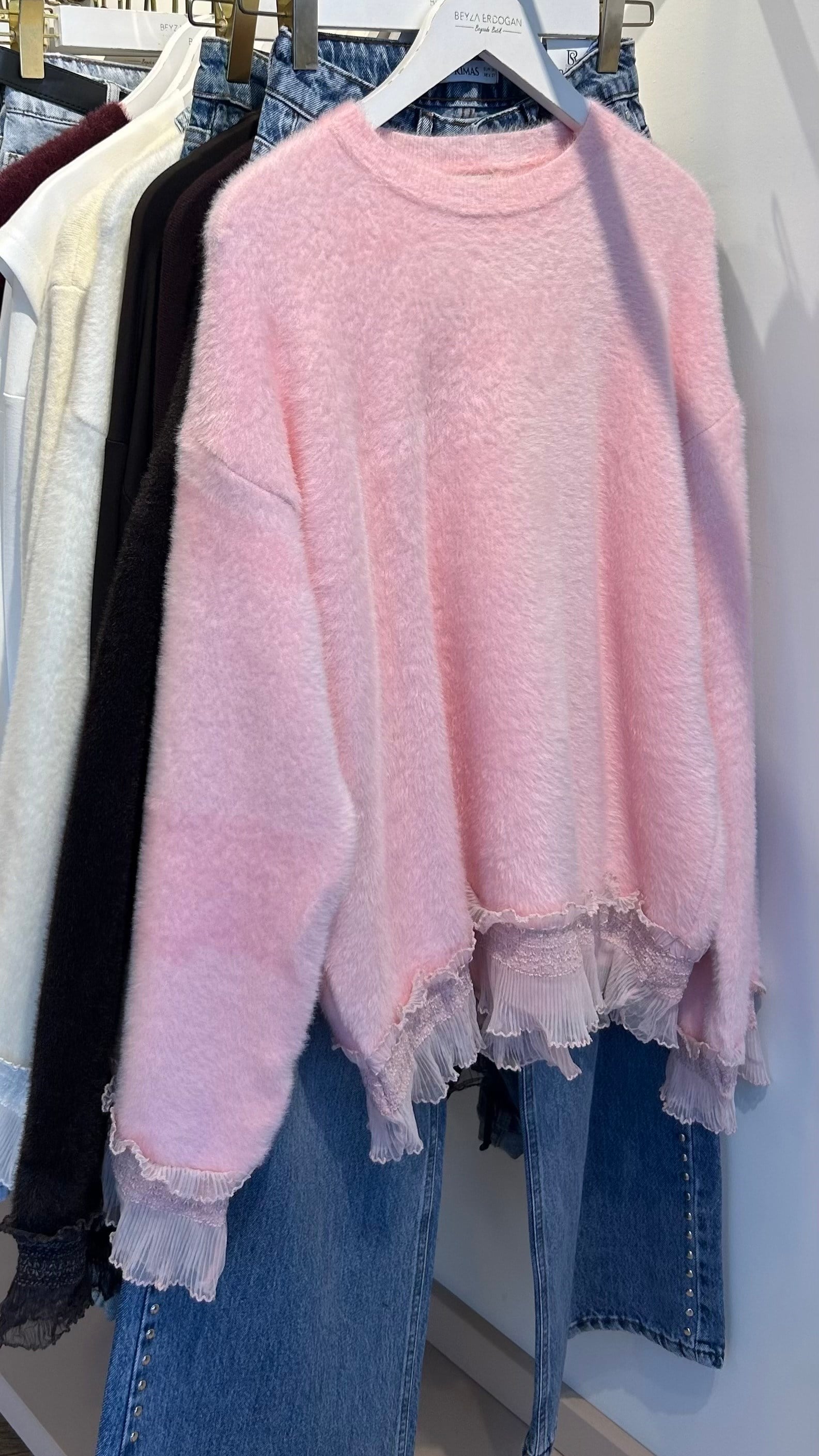 Fırfır Detaylı Angora Premium Kazak  Pembe