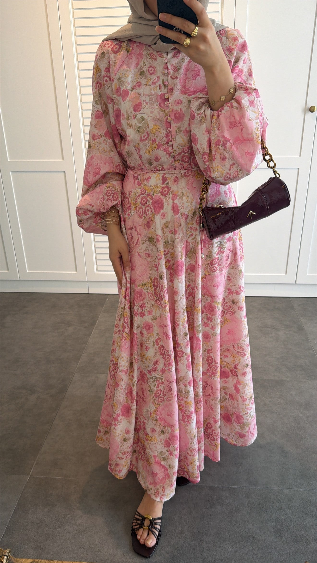 Flower Desen Elbise Pembe