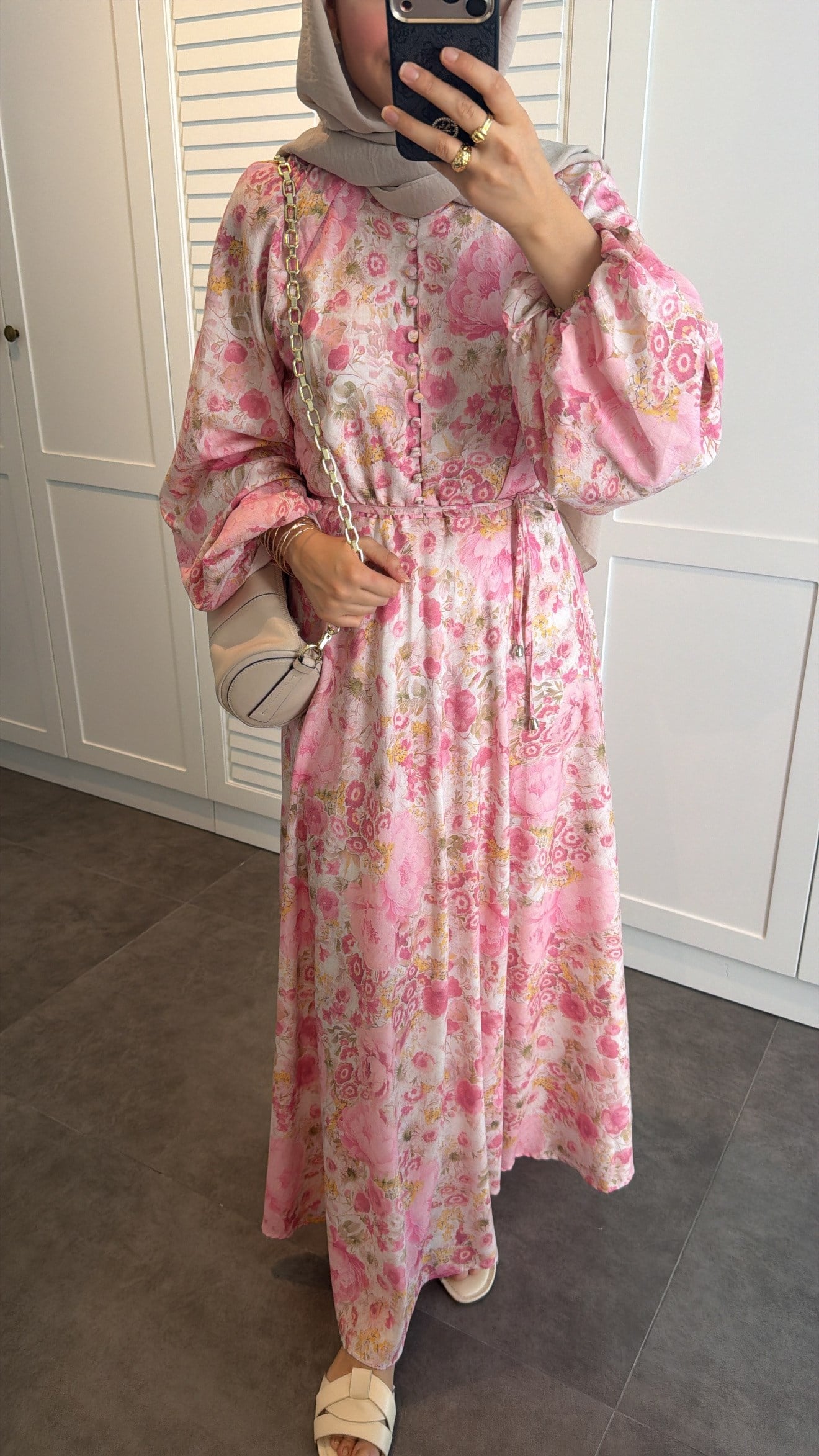 Flower Desen Elbise Pembe