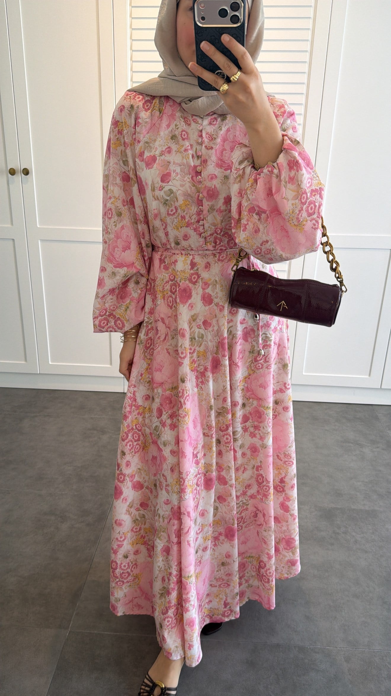 Flower Desen Elbise Pembe