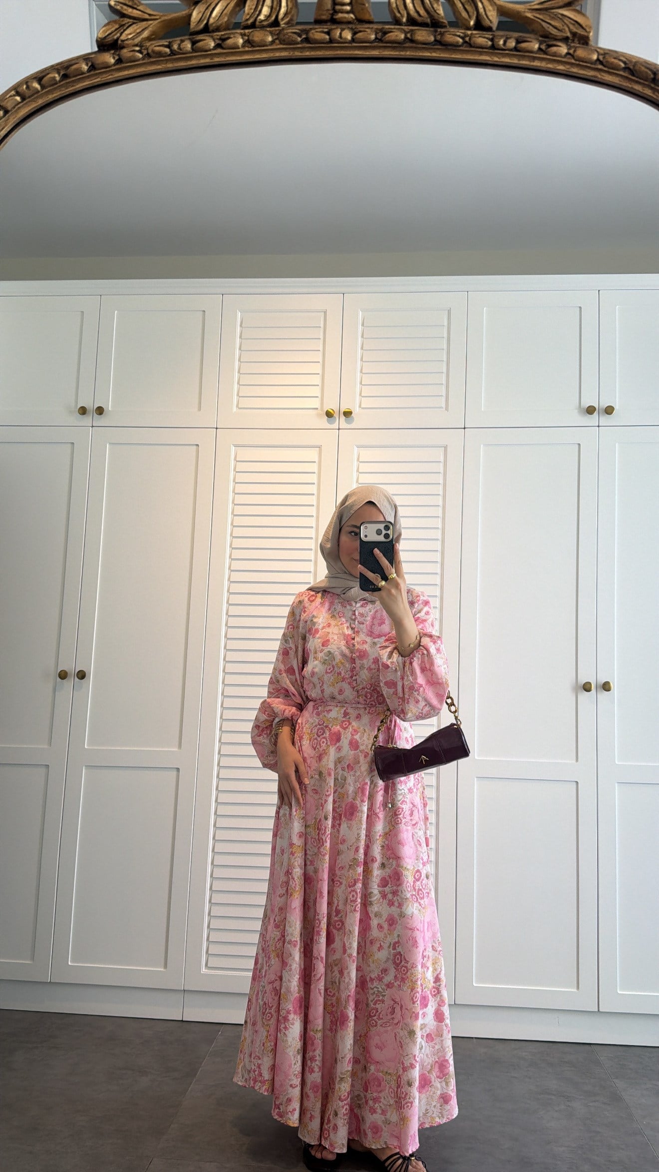 Flower Desen Elbise Pembe