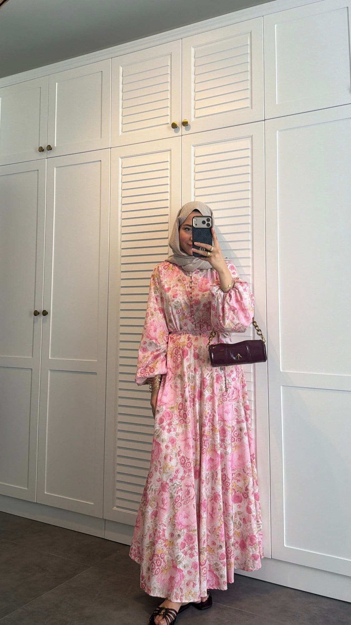 Flower Desen Elbise Pembe