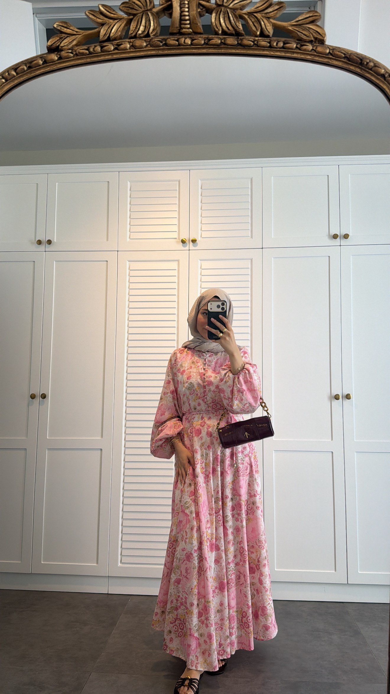 Flower Desen Elbise Pembe