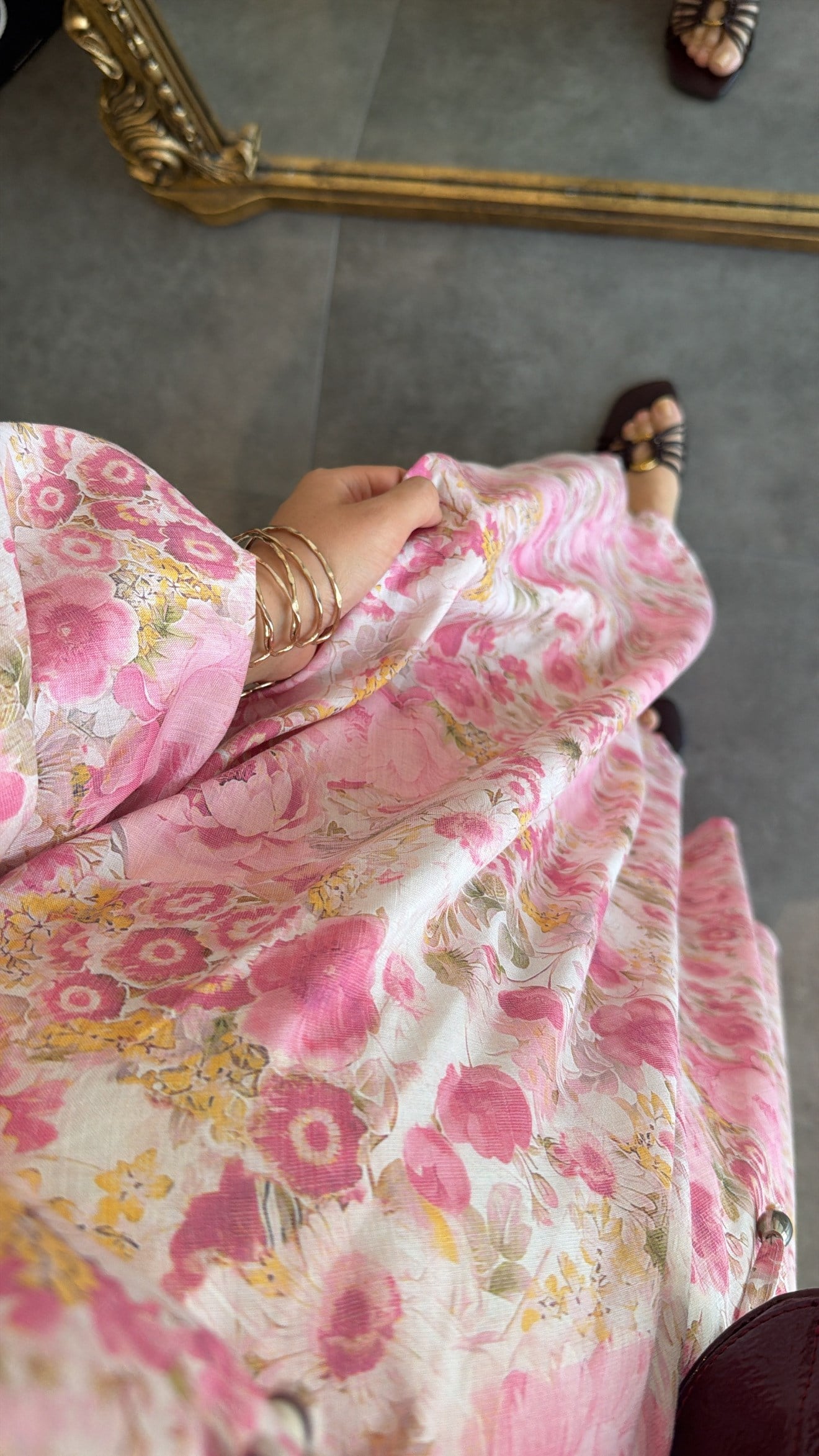 Flower Desen Elbise Pembe