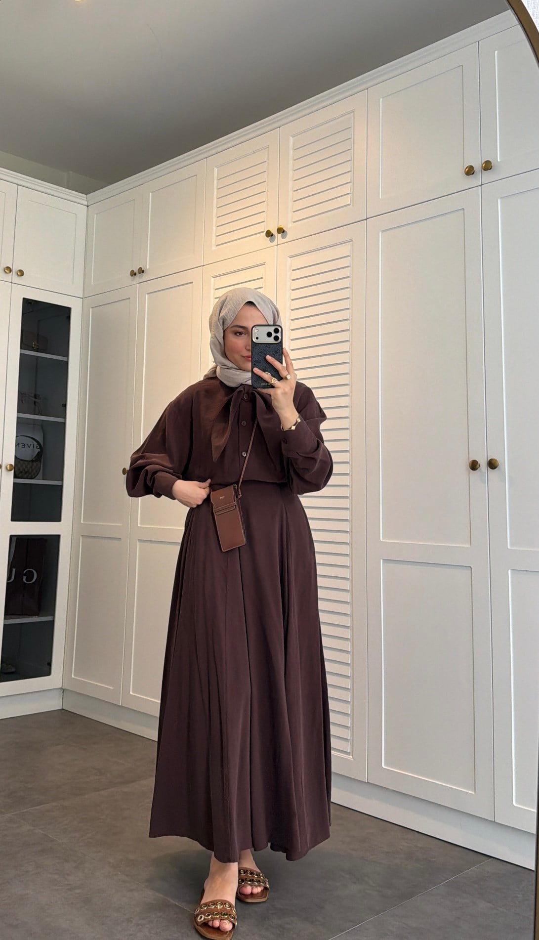 Fular Bağlamalı Modal Etekli Takım Kahve