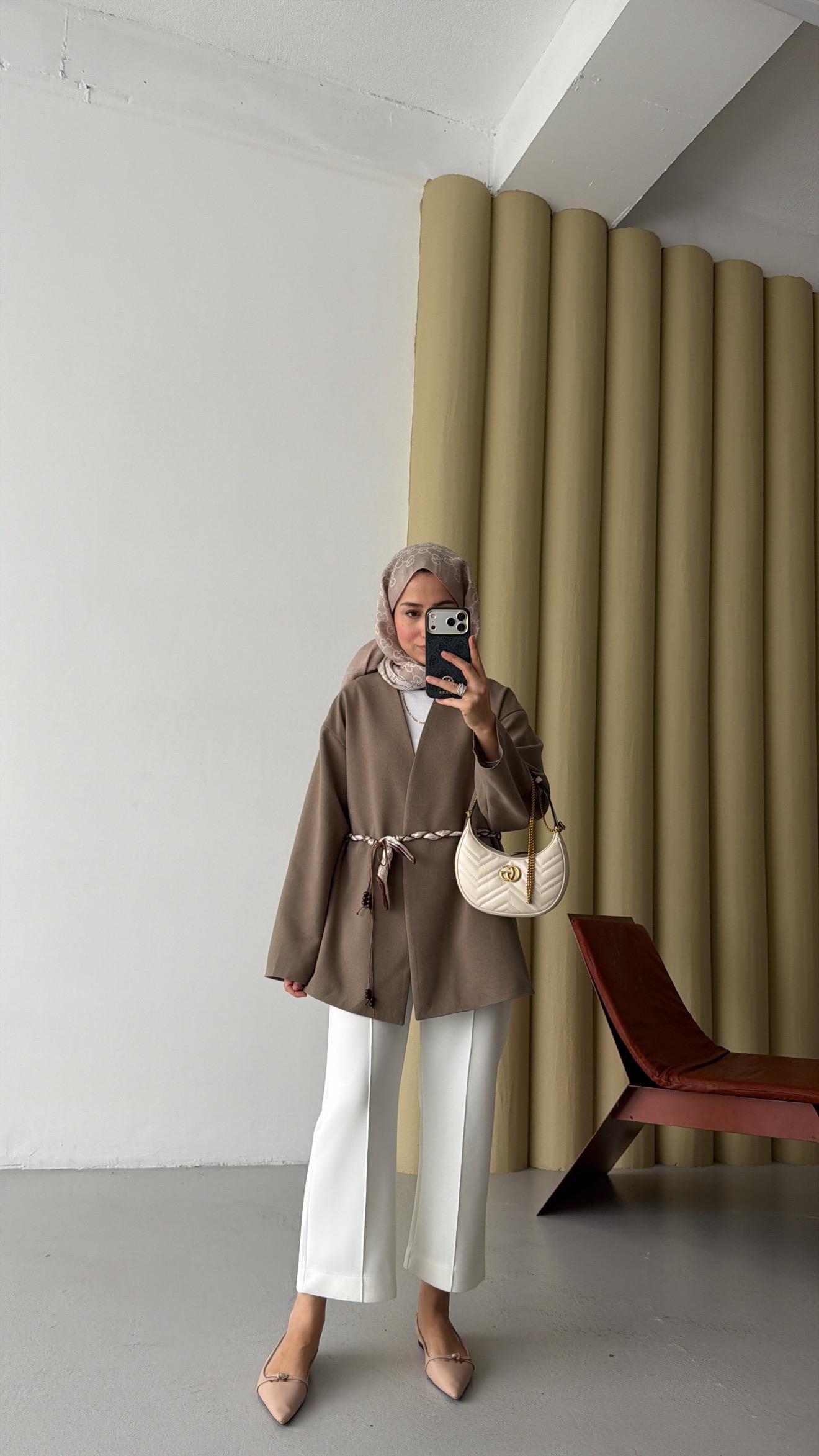 Fular Kemerli Blazer Haki