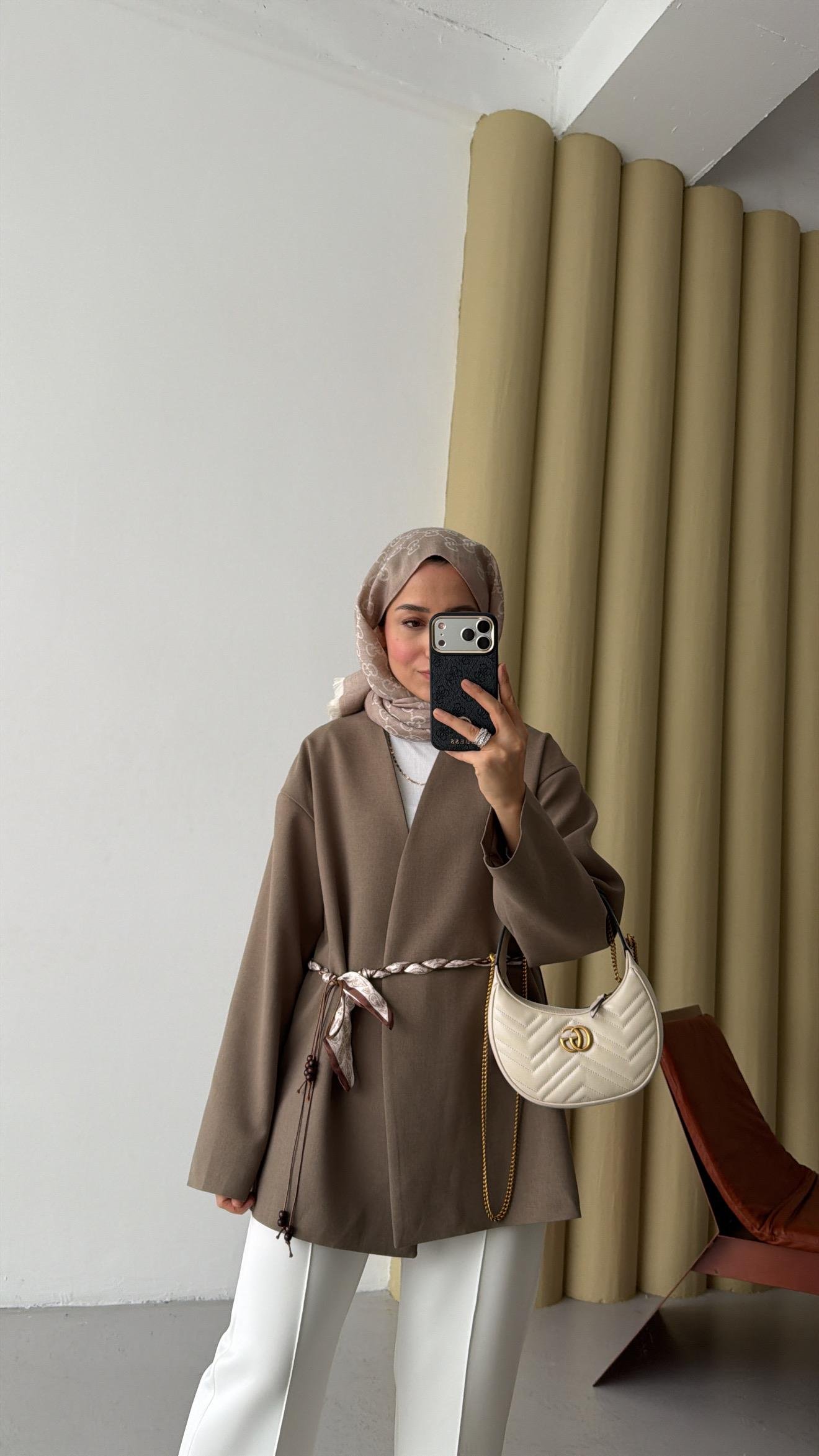 Fular Kemerli Blazer Haki