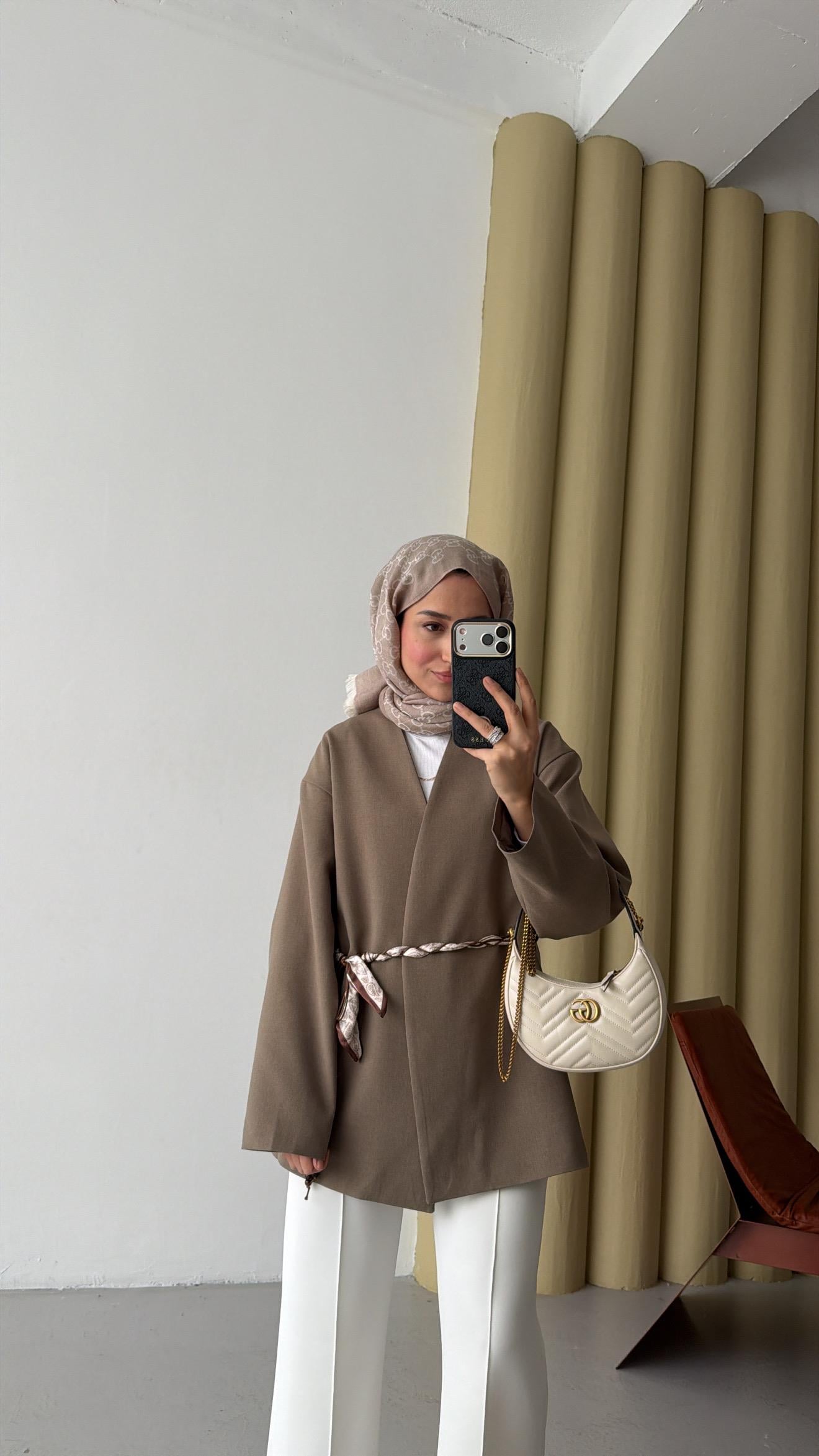 Fular Kemerli Blazer Haki