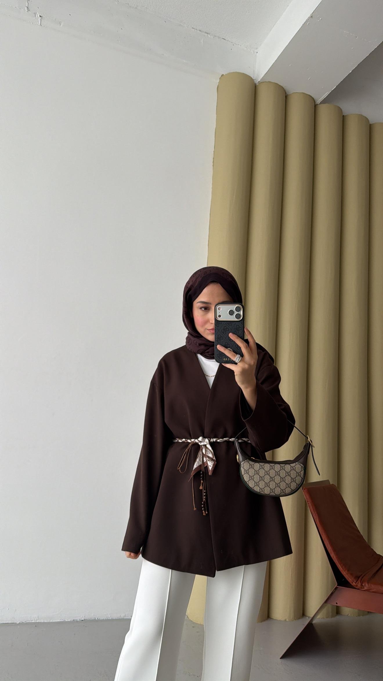 Fular Kemerli Blazer Kahve