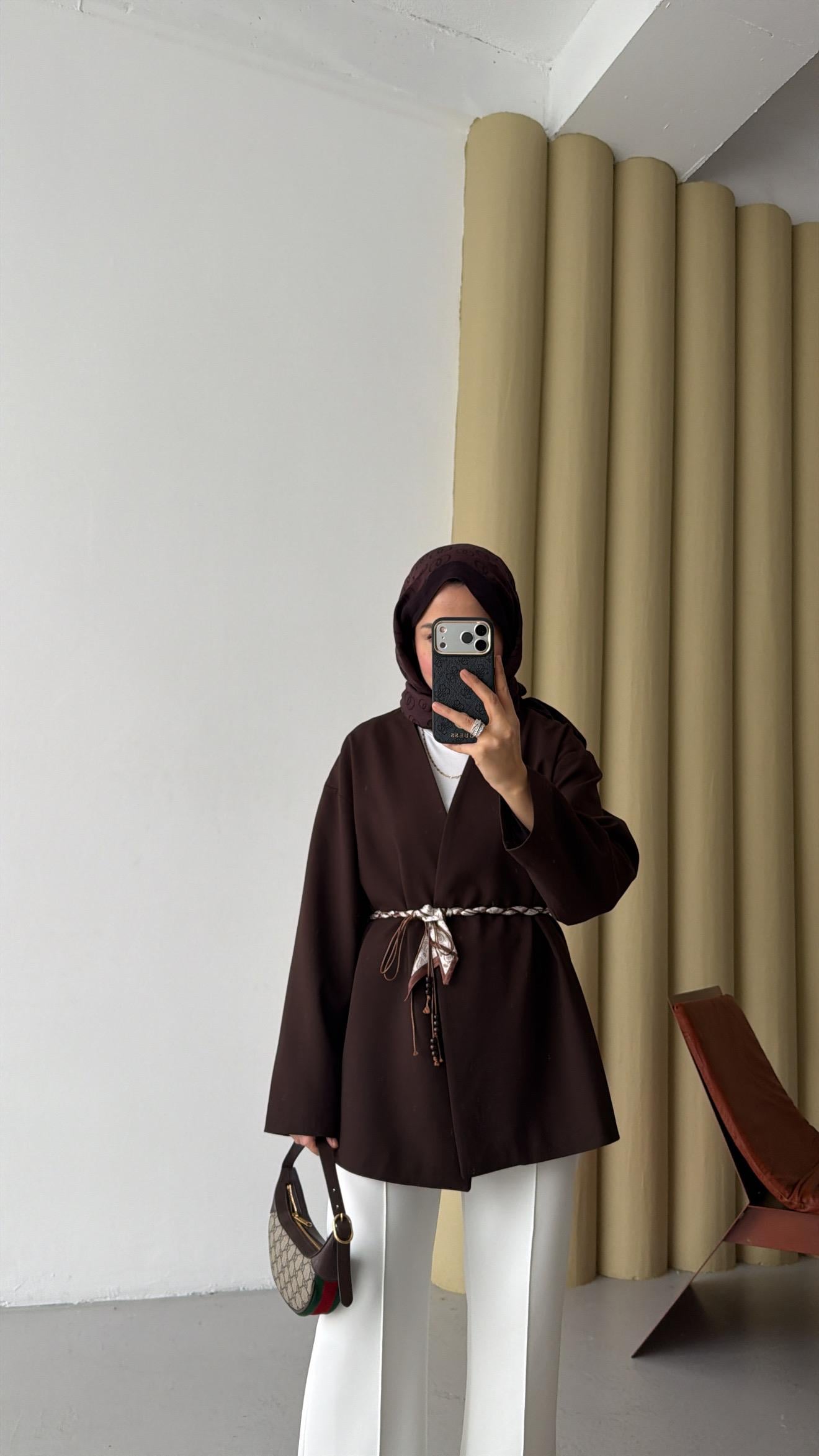 Fular Kemerli Blazer Kahve