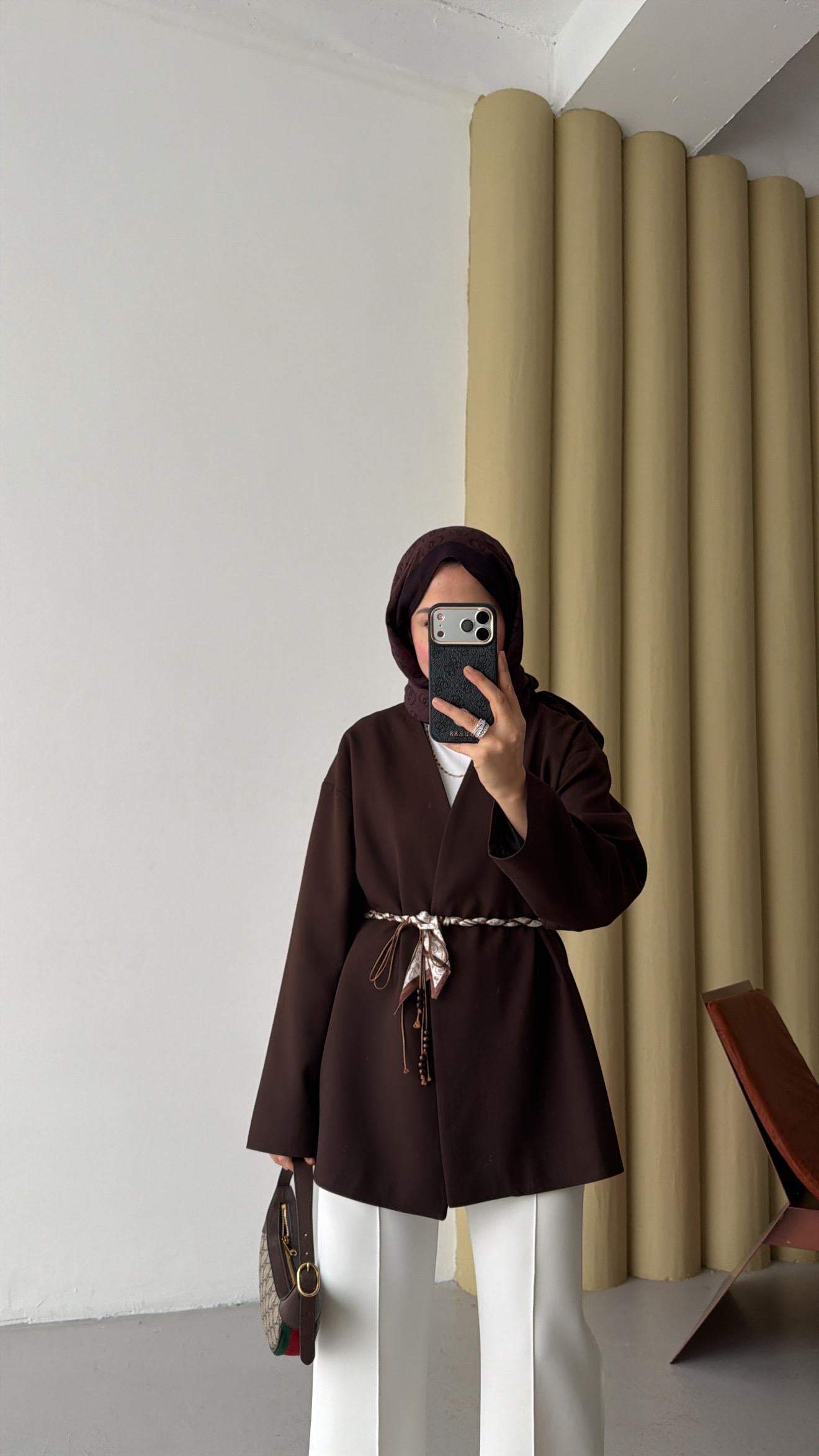 Fular Kemerli Blazer Kahve
