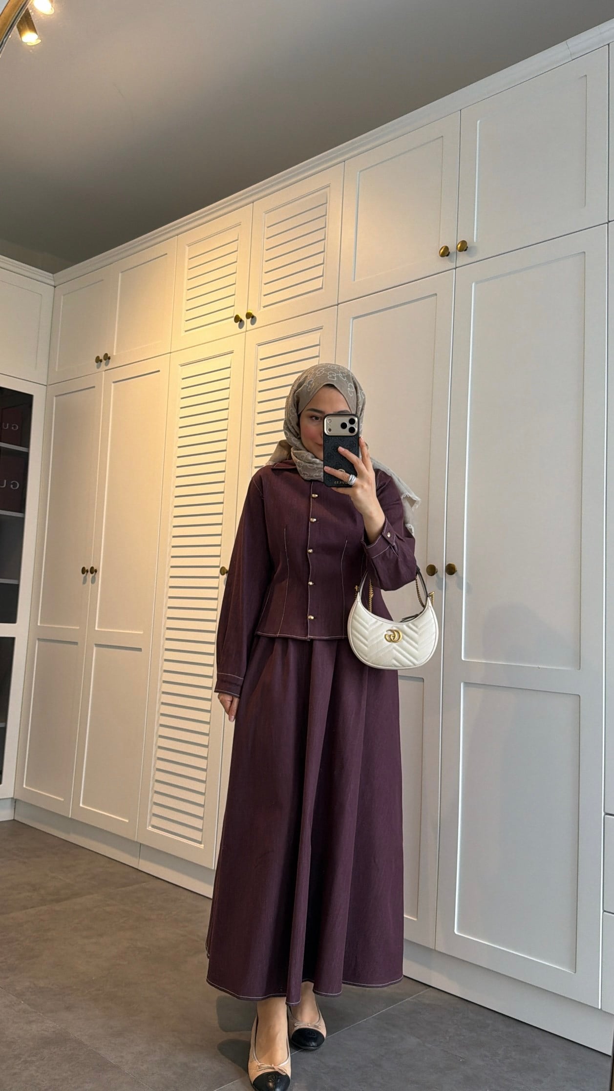 Gold Düğmeli Denim Etek Takım Burgonya