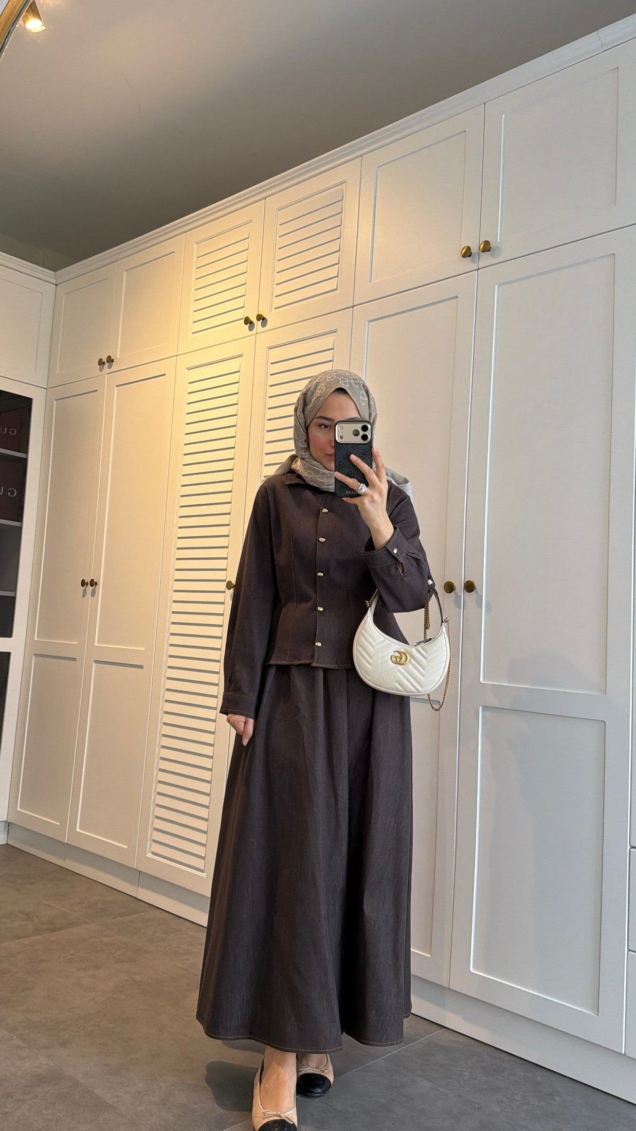 Gold Düğmeli Denim Etek Takım Kahve
